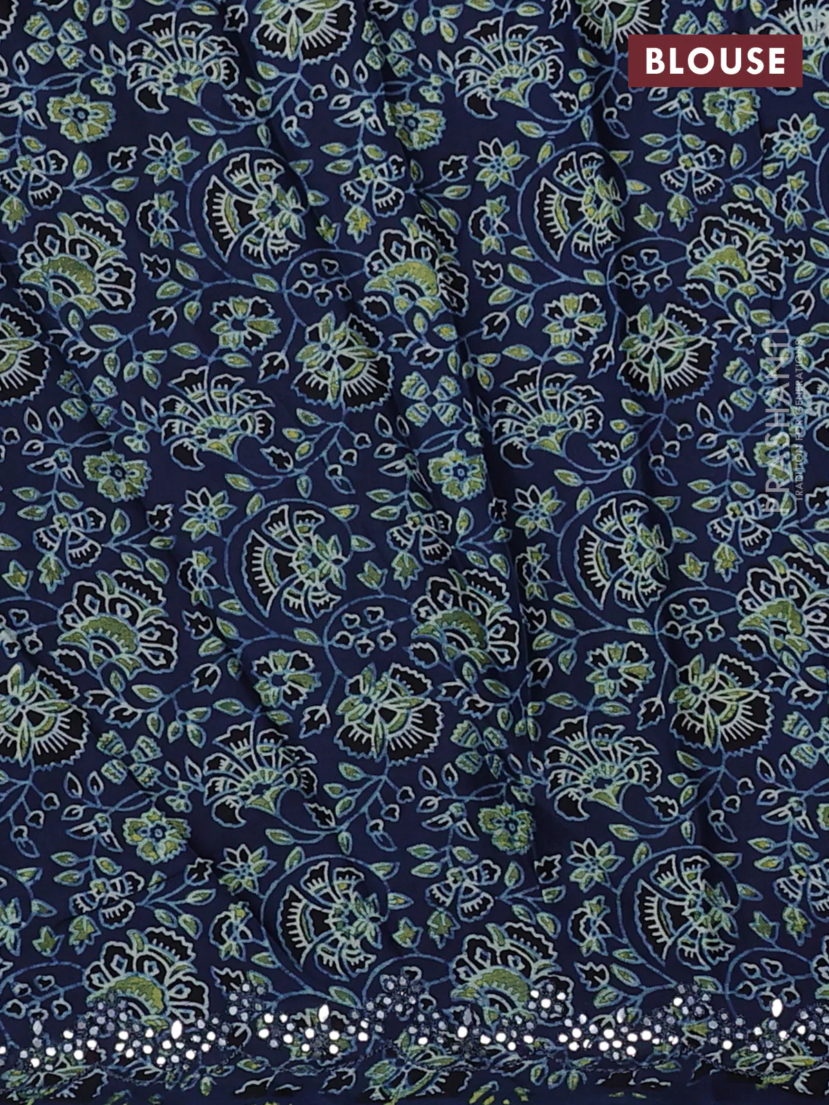 Satin crepe silk saree teal blue and navy blue with mirror work and ajrakh printed blouse - Image 3