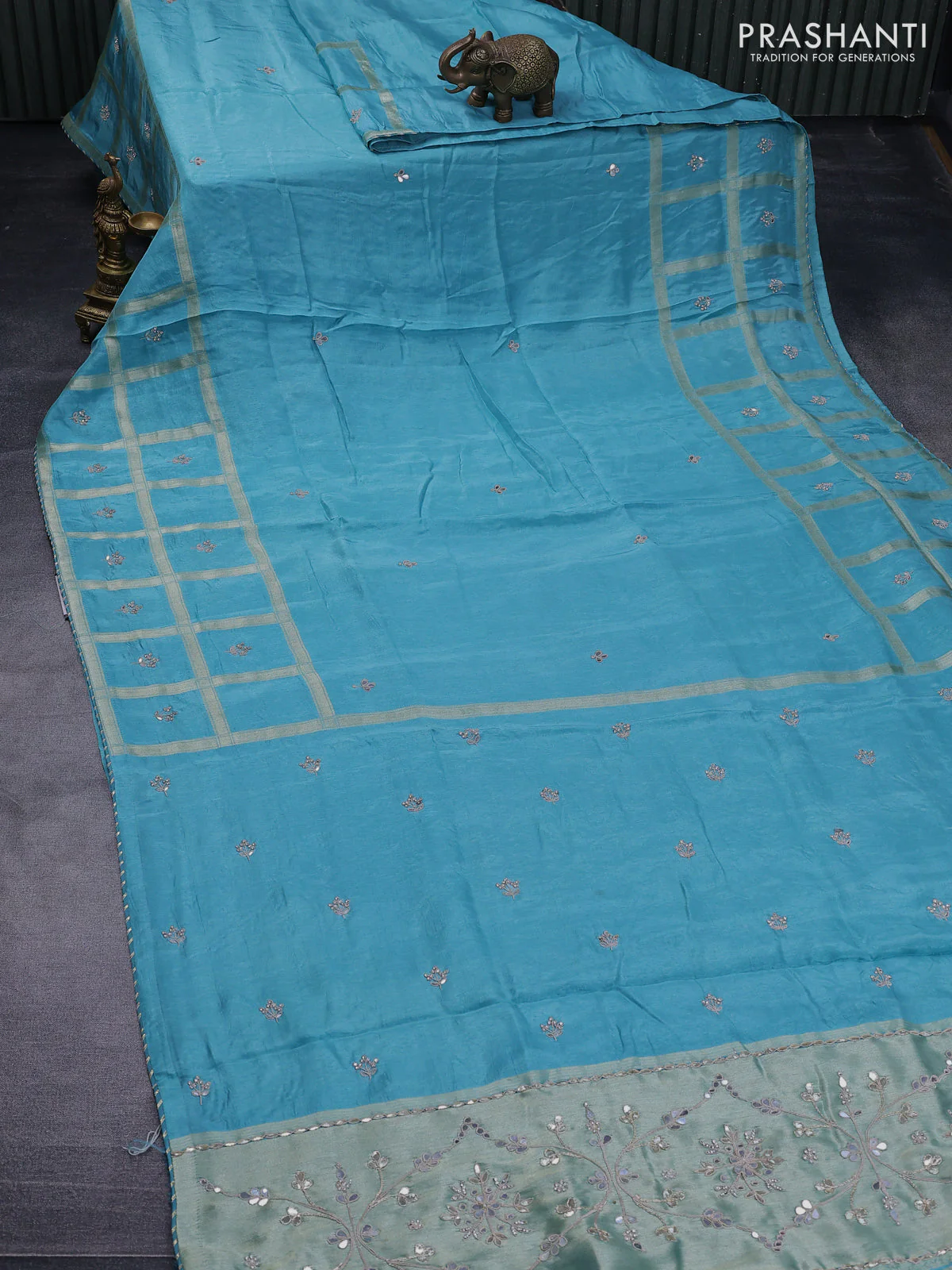 Satin crepe silk saree teal blue with mirror work buttas and zari checked & stone work border - Image 2