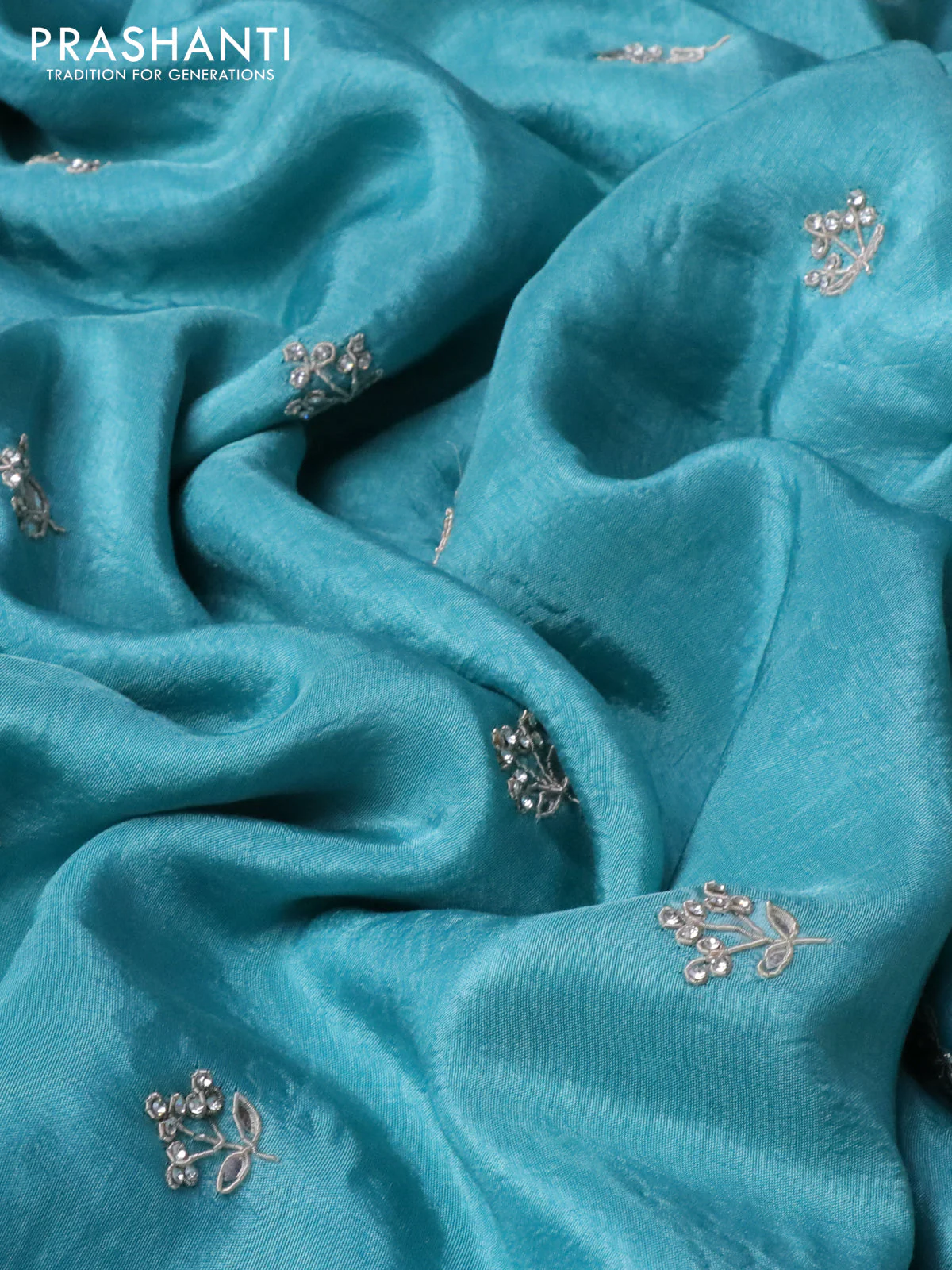 Satin crepe silk saree teal blue with mirror work buttas and zari checked & stone work border - Image 3
