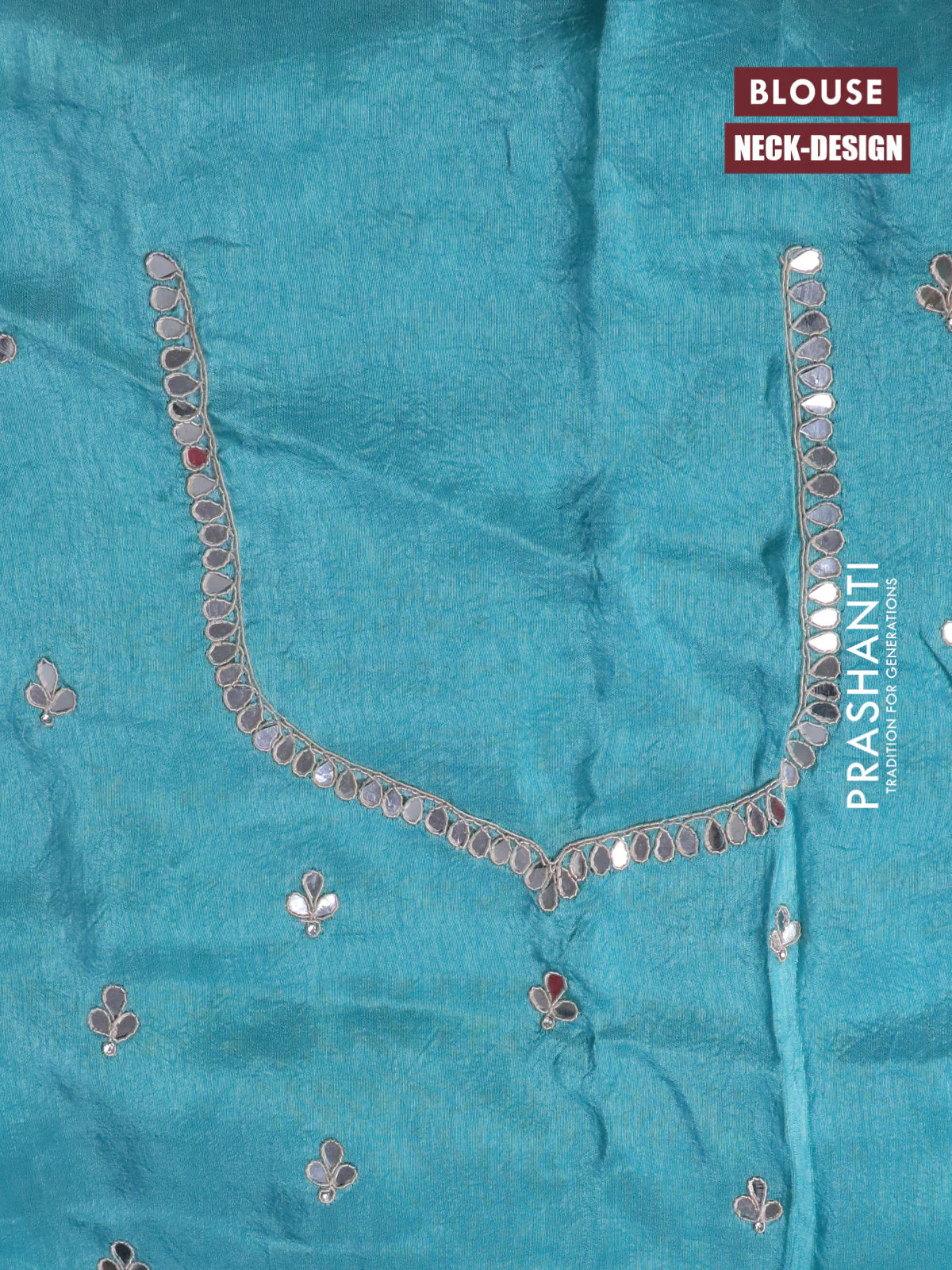 Satin crepe silk saree teal blue with mirror work buttas and zari checked & stone work border - Image 4