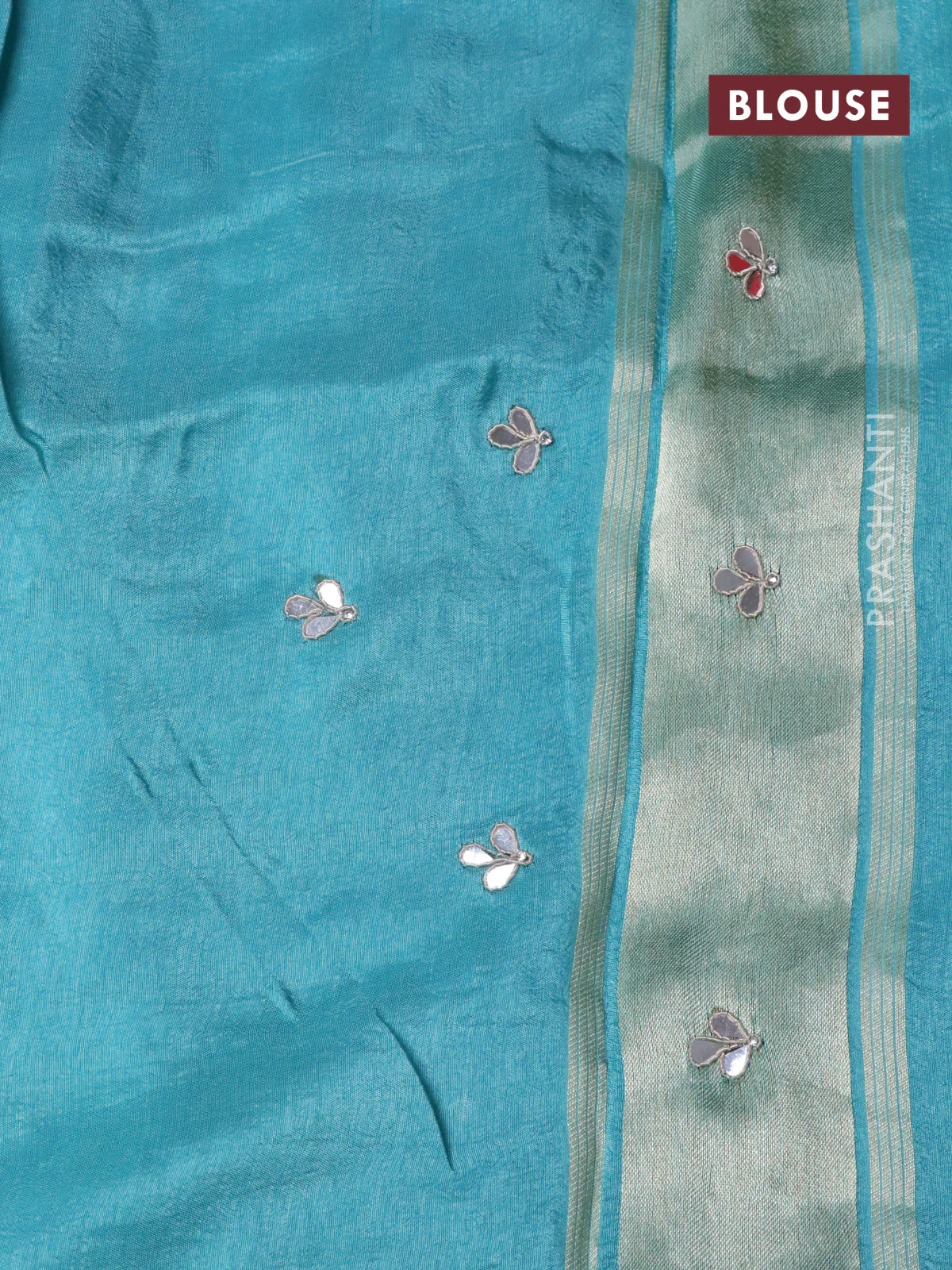 Satin crepe silk saree teal blue with mirror work buttas and zari checked & stone work border - Image 5