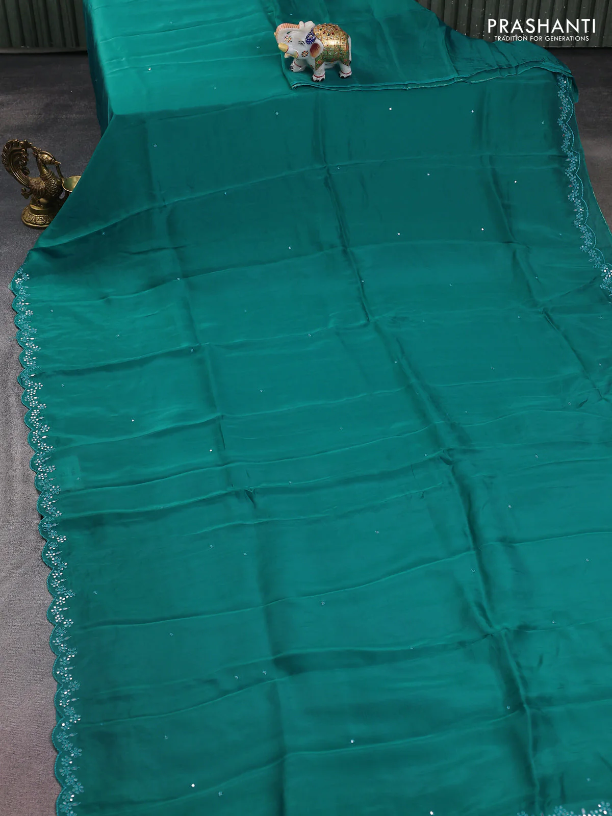Satin crepe silk saree teal green and black with allover mirror work and ajrakh printed blouse - Image 2