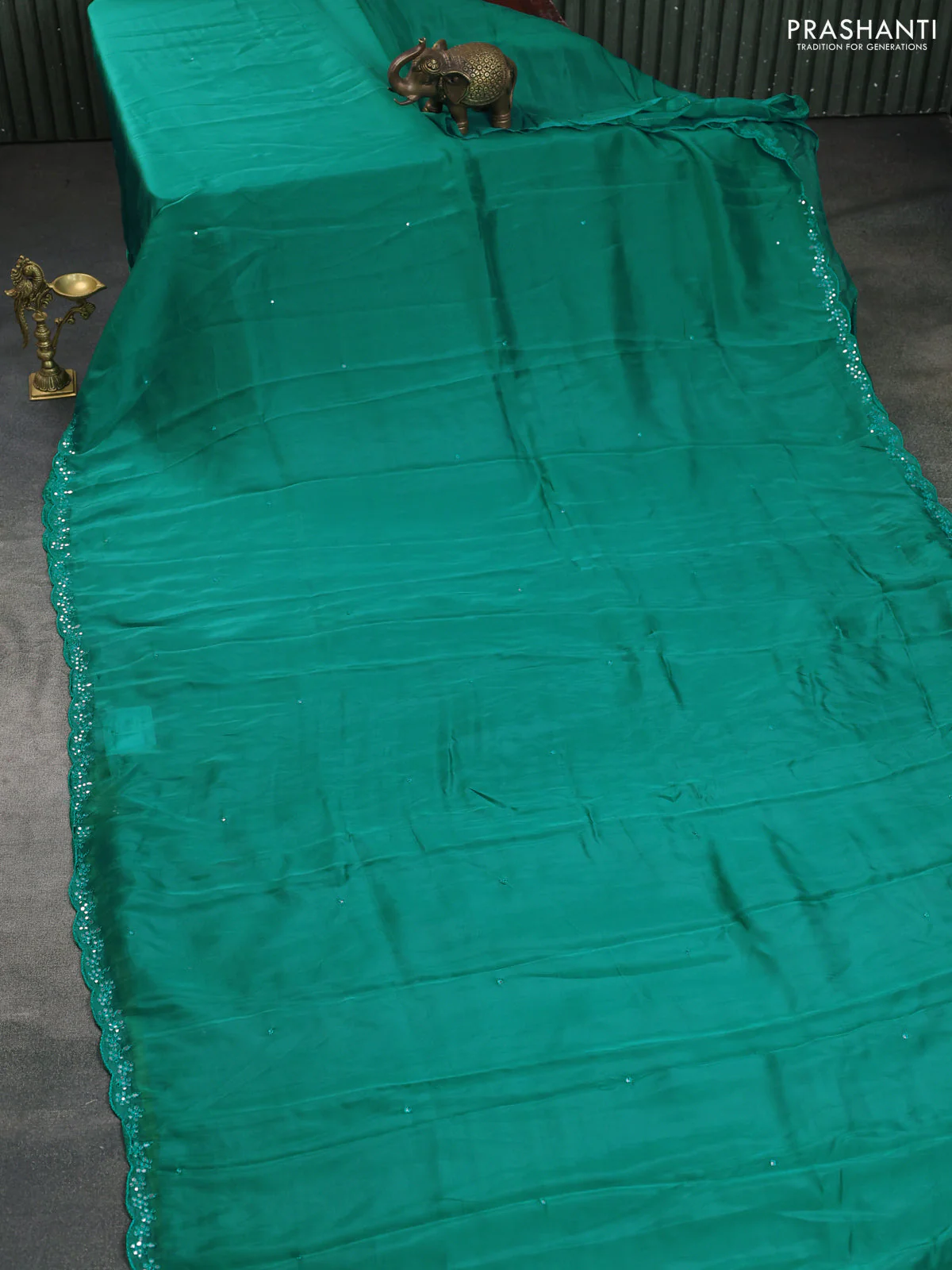 Satin crepe silk saree teal green and mustard yellow with mirror work and ajrakh printed blouse - Image 2