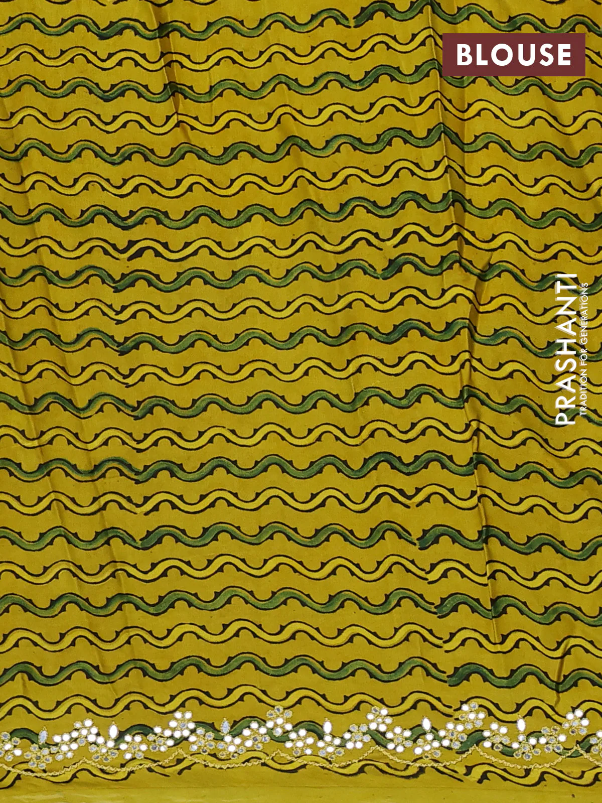 Satin crepe silk saree teal green and mustard yellow with mirror work and ajrakh printed blouse - Image 3
