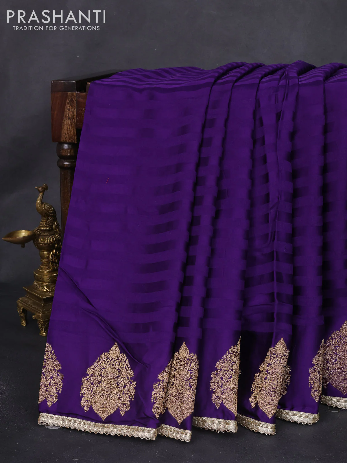 Satin crepe silk saree violet with allover stripe pattern & mirror work pallu - Image 2