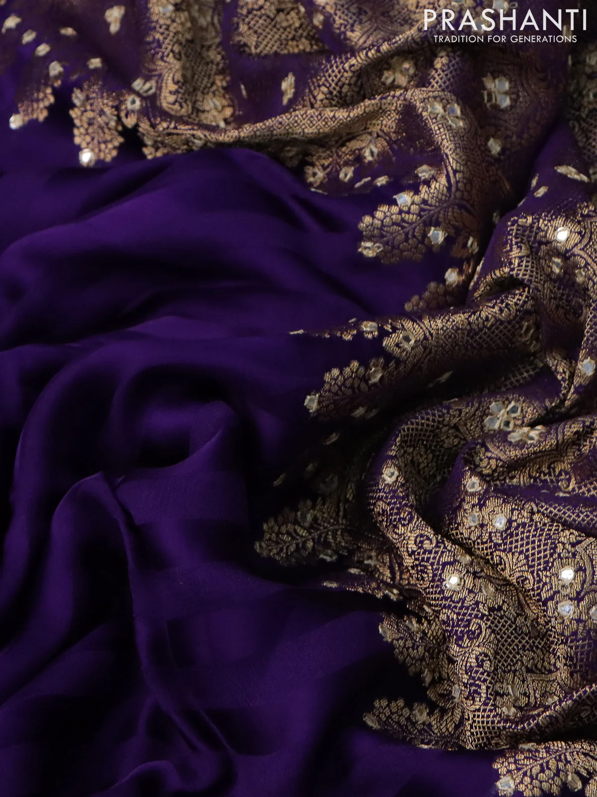 Satin crepe silk saree violet with allover stripe pattern & mirror work pallu - Image 3
