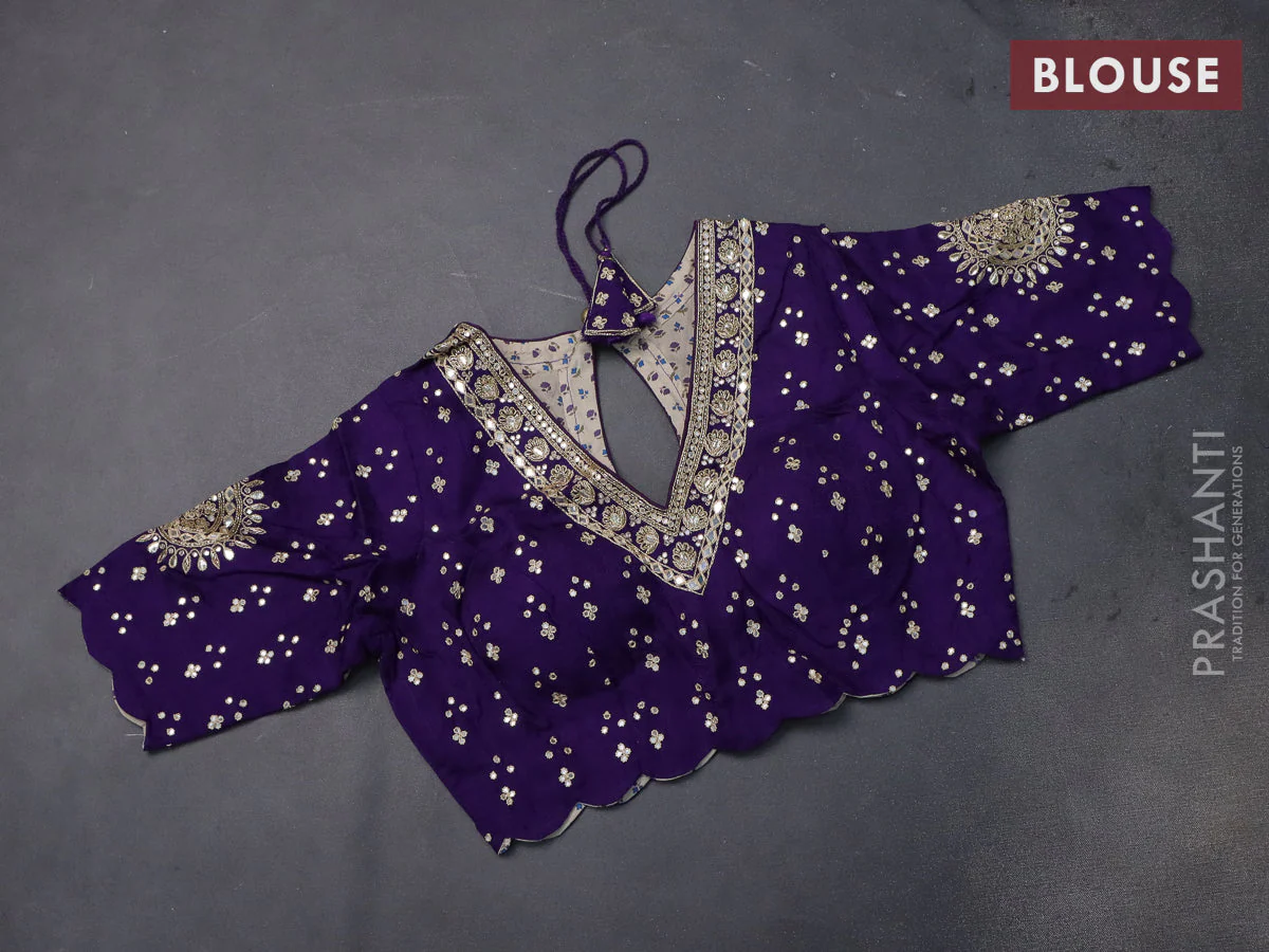Satin crepe silk saree violet with allover stripe pattern & mirror work pallu - Image 4