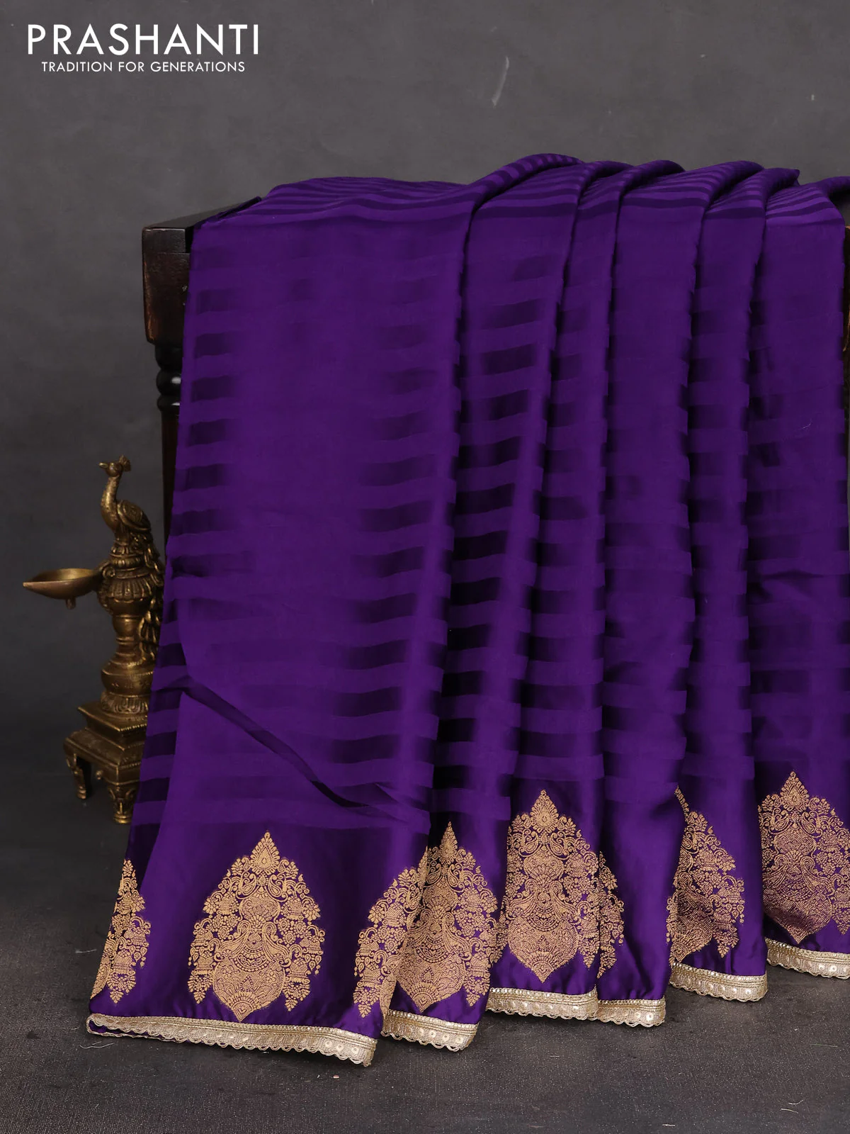 Satin crepe silk saree violet with plain body and zari butta border & rich zari pallu - Image 2