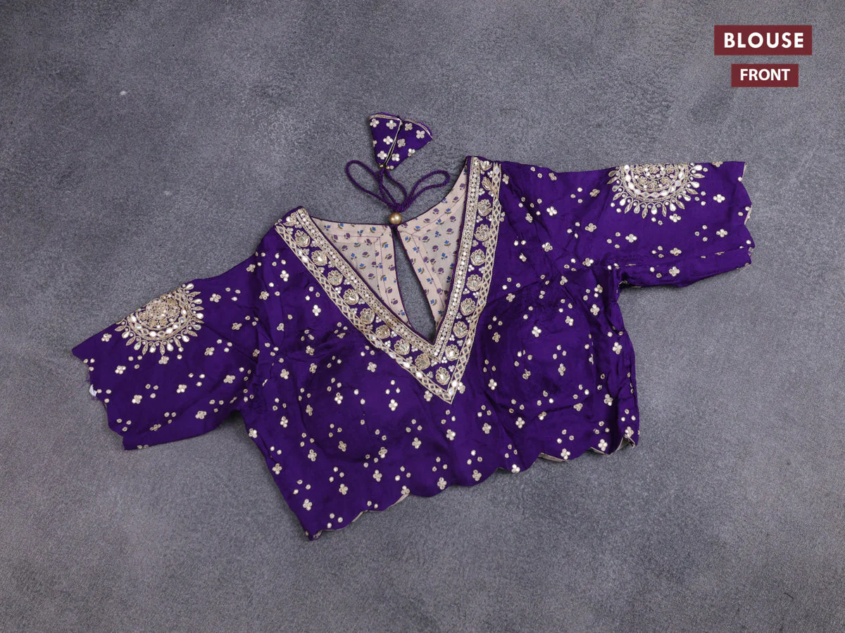 Satin crepe silk saree violet with plain body and zari butta border & rich zari pallu - Image 3