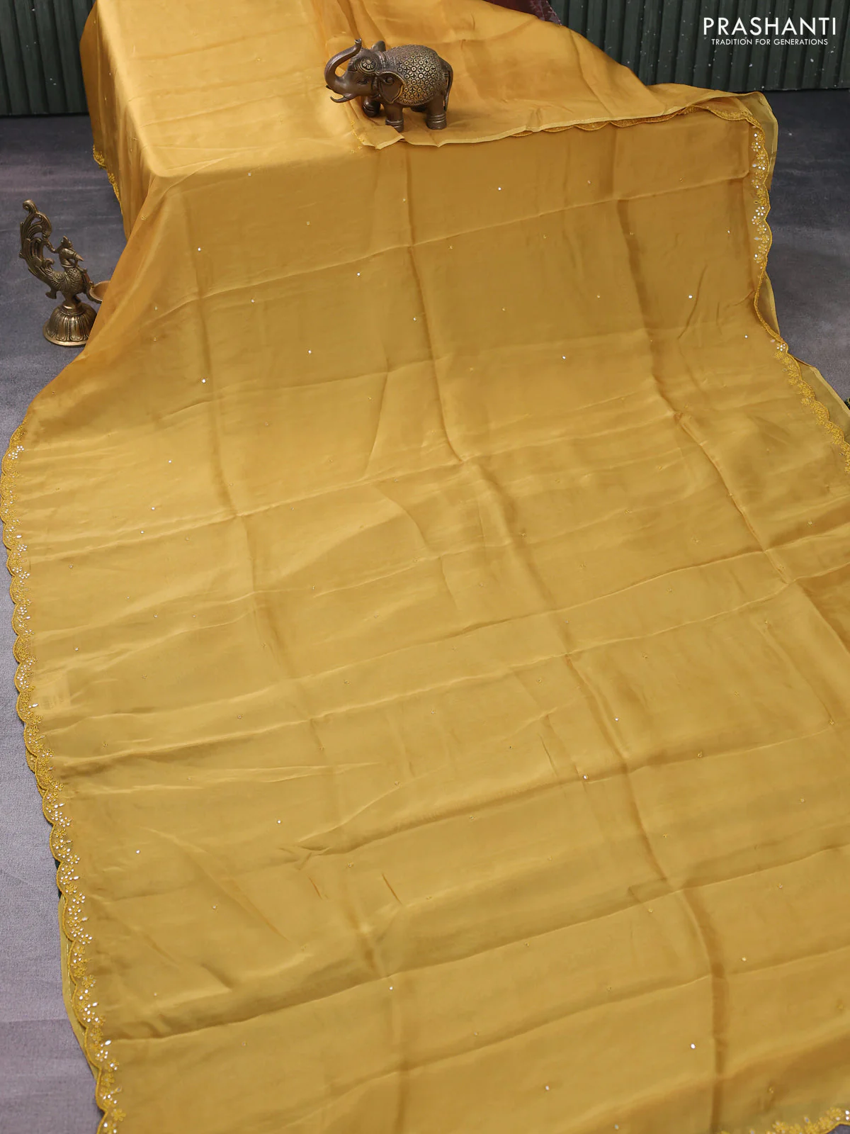 Satin crepe silk saree yellow and green with allover mirror work and ajrakh printed blouse - Image 2