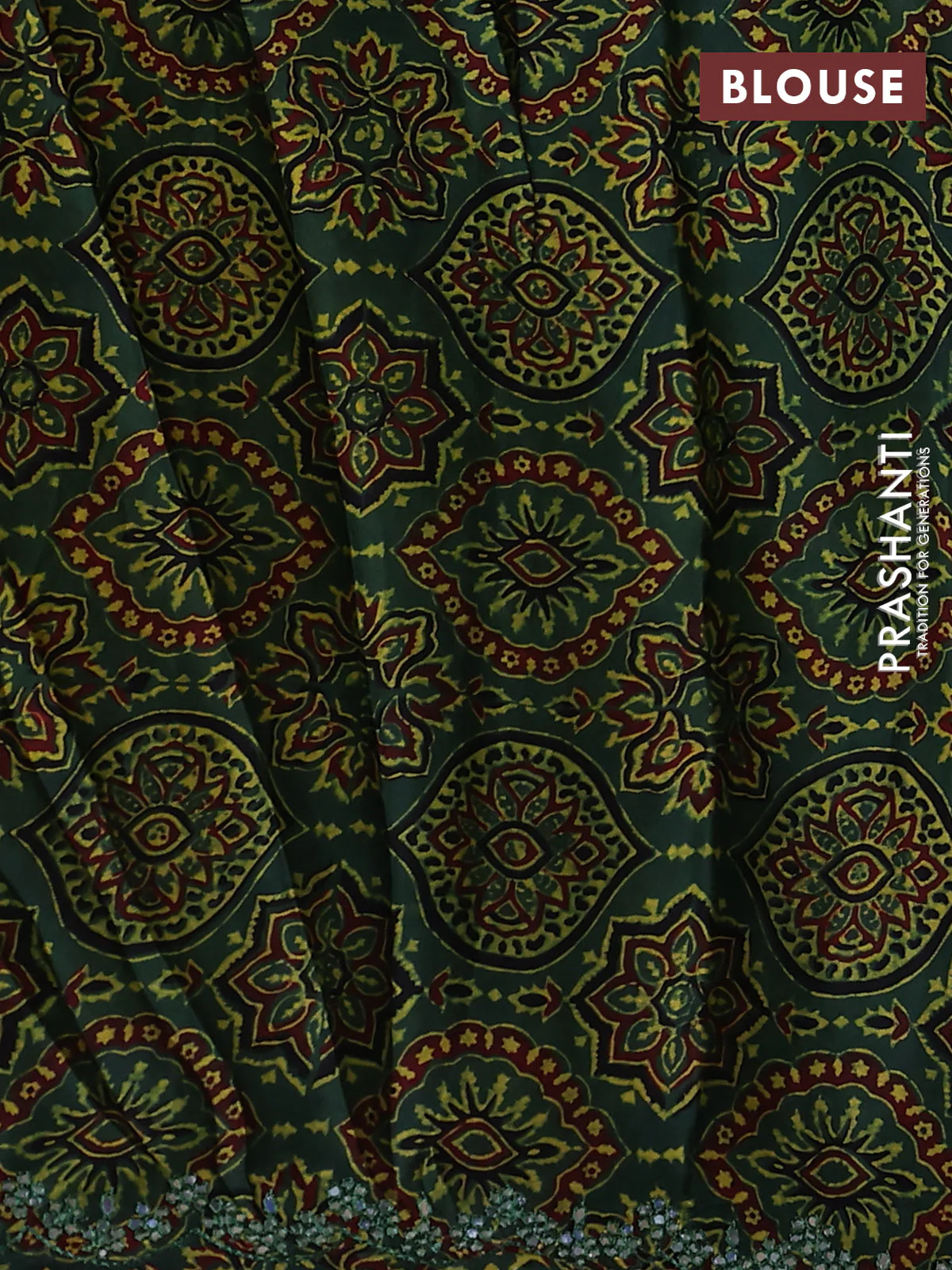 Satin crepe silk saree yellow and green with allover mirror work and ajrakh printed blouse - Image 3