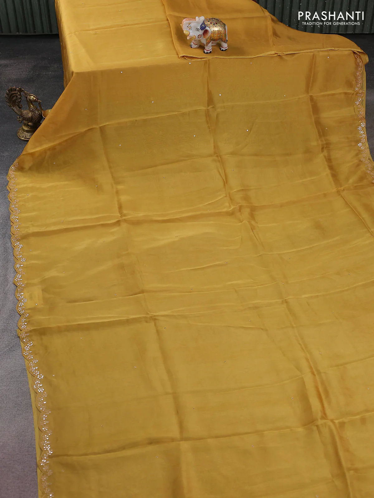 Satin crepe silk saree yellow and green with allover mirror work and ajrakh printed blouse - Image 2