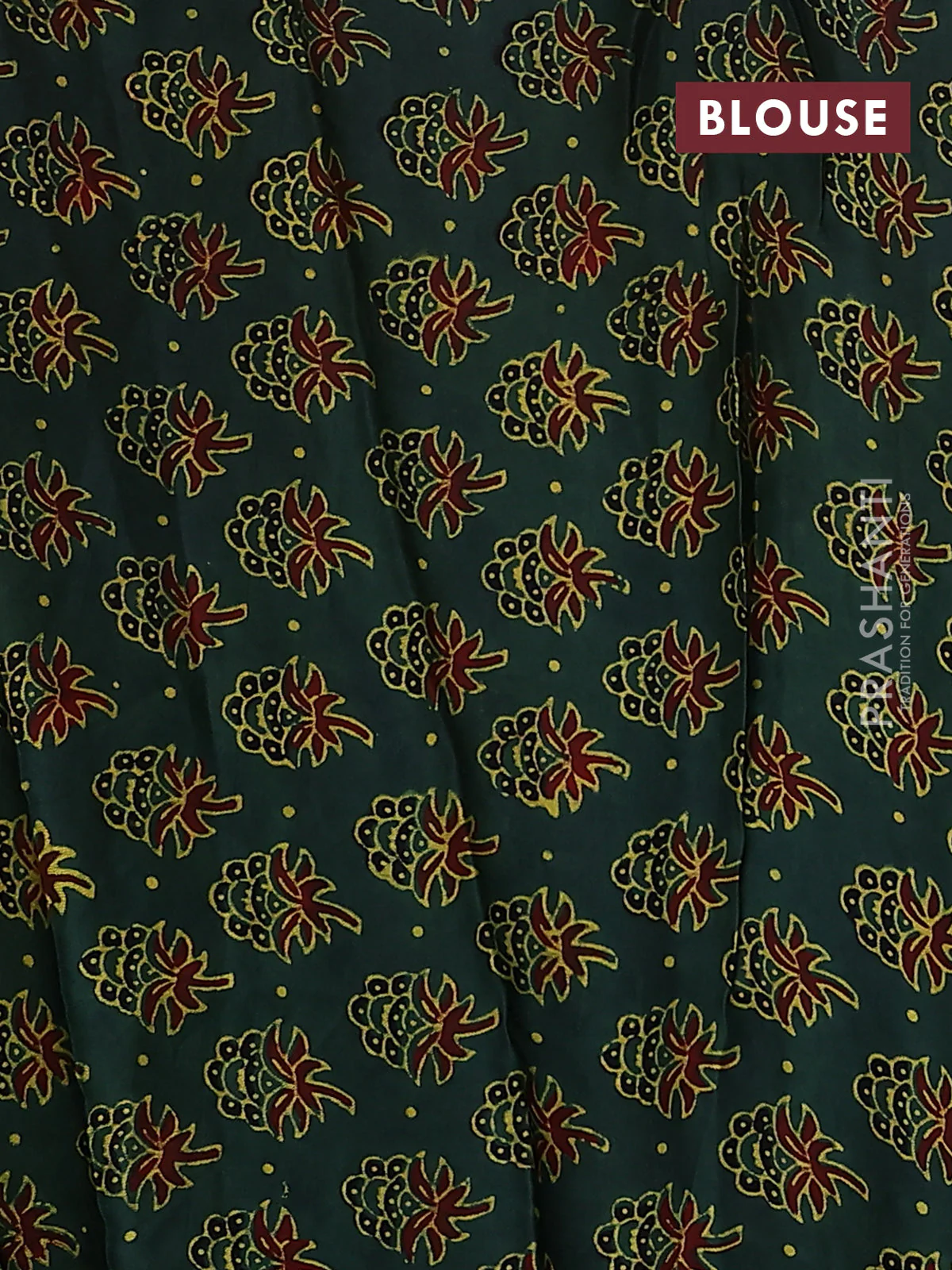 Satin crepe silk saree yellow and green with allover mirror work and ajrakh printed blouse - Image 3