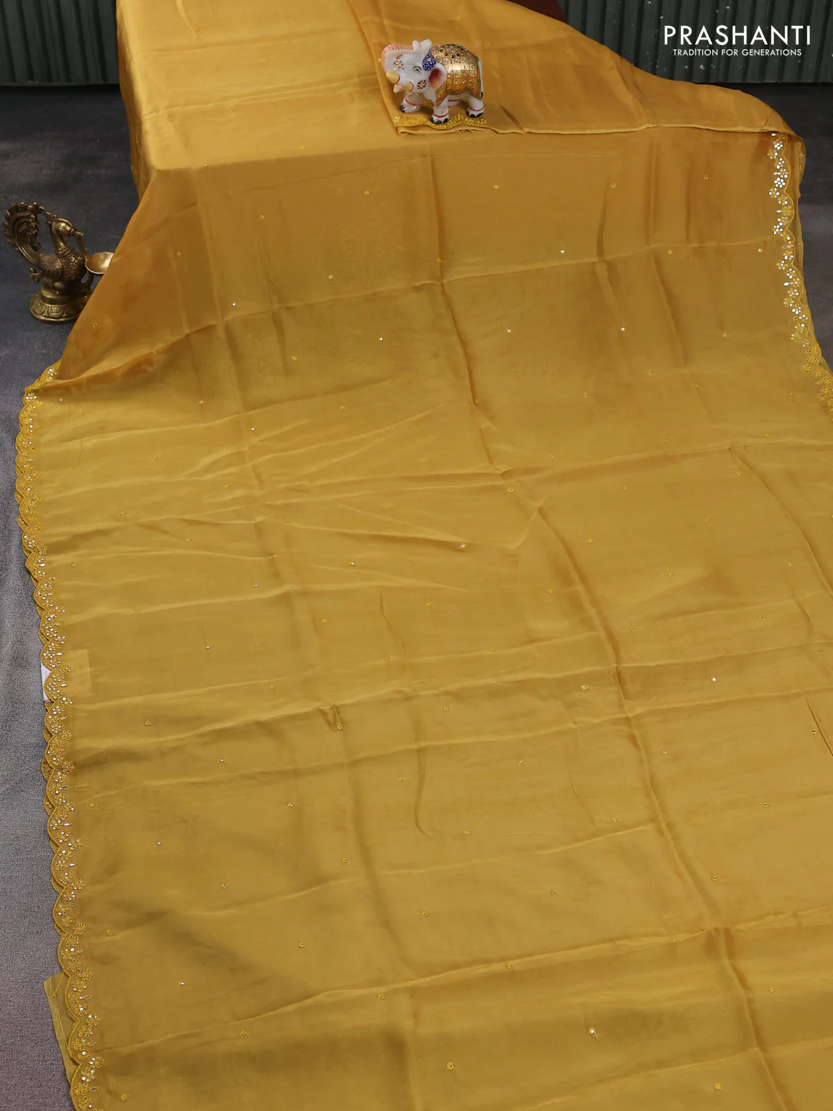 Satin crepe silk saree yellow and green with allover mirror work and ajrakh printed blouse - Image 2