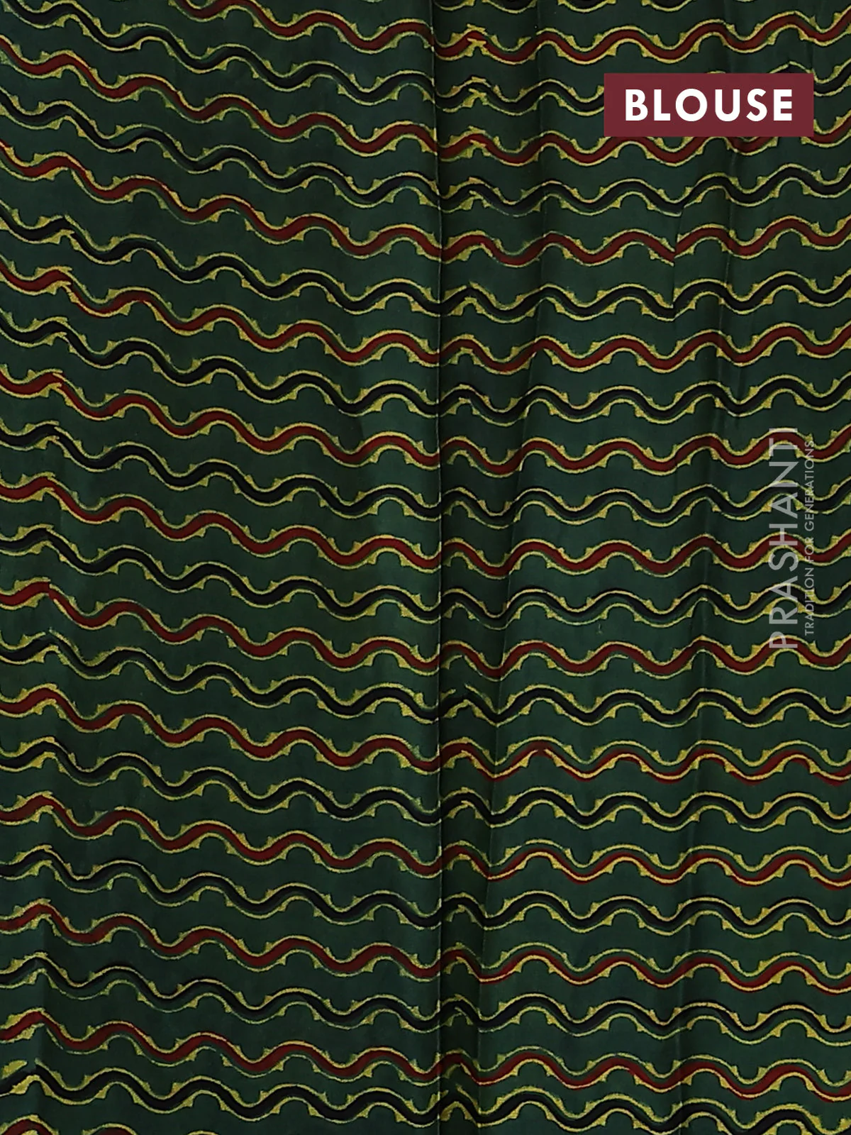 Satin crepe silk saree yellow and green with allover mirror work and ajrakh printed blouse - Image 3