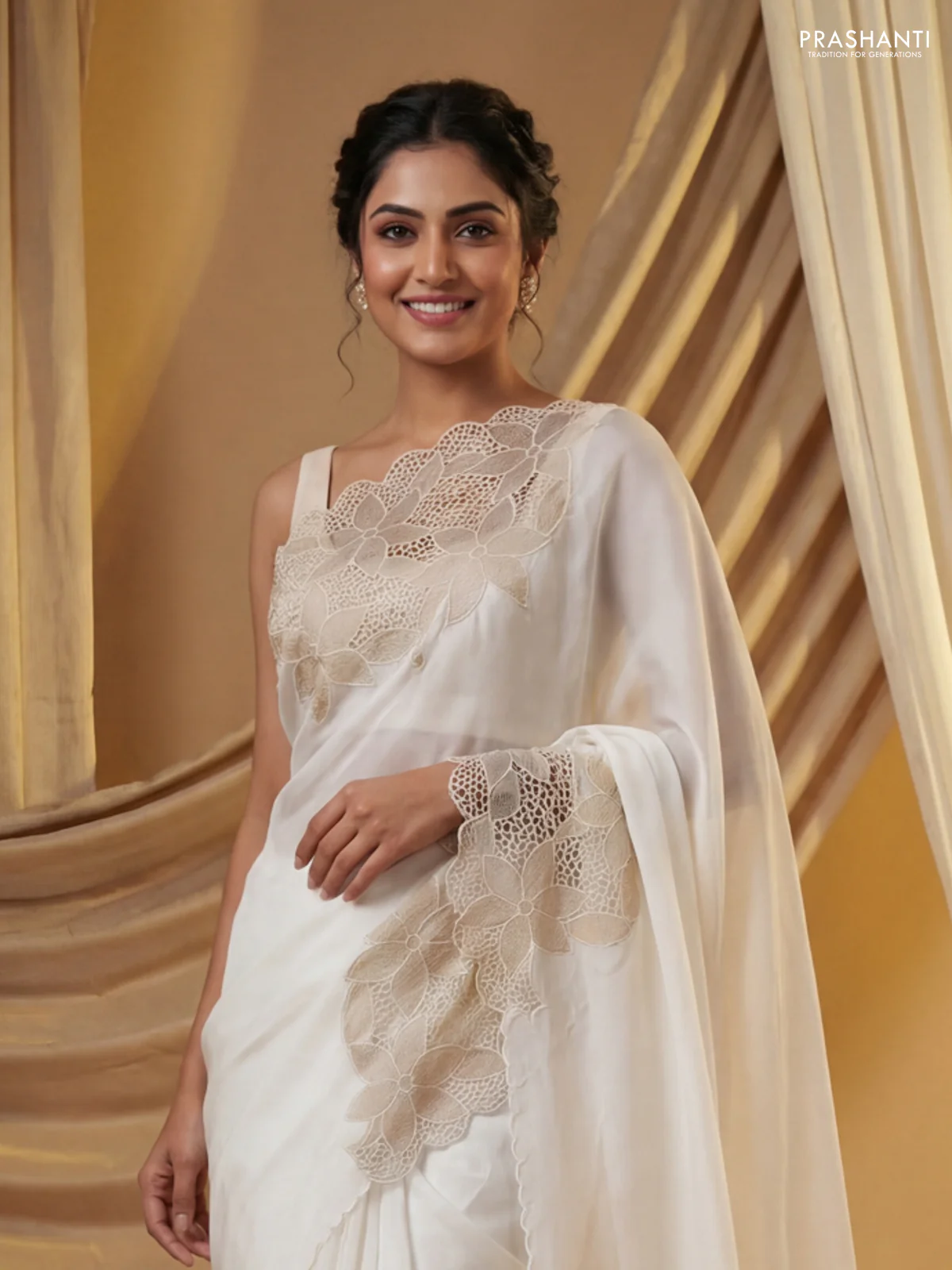 Satin Organza saree off white with plain body and floral design cut work border - Image 2