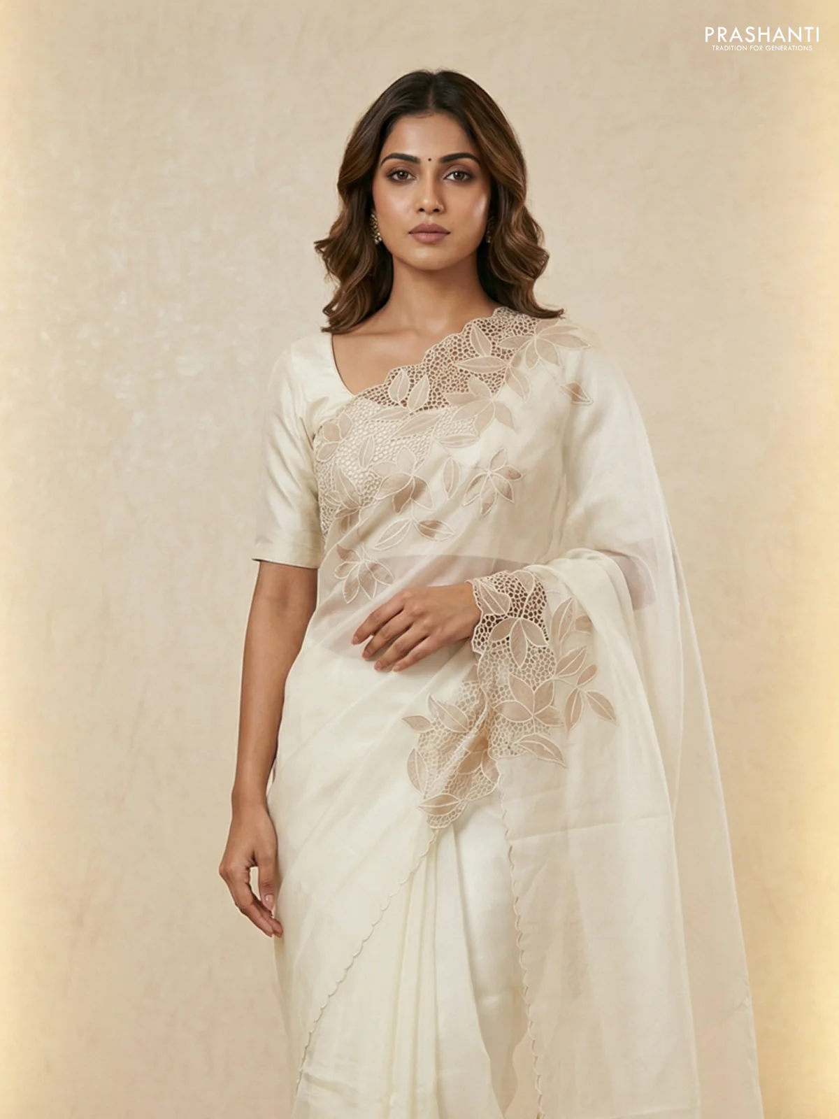 Satin Organza saree off white with plain body and floral design cut work border - Image 2