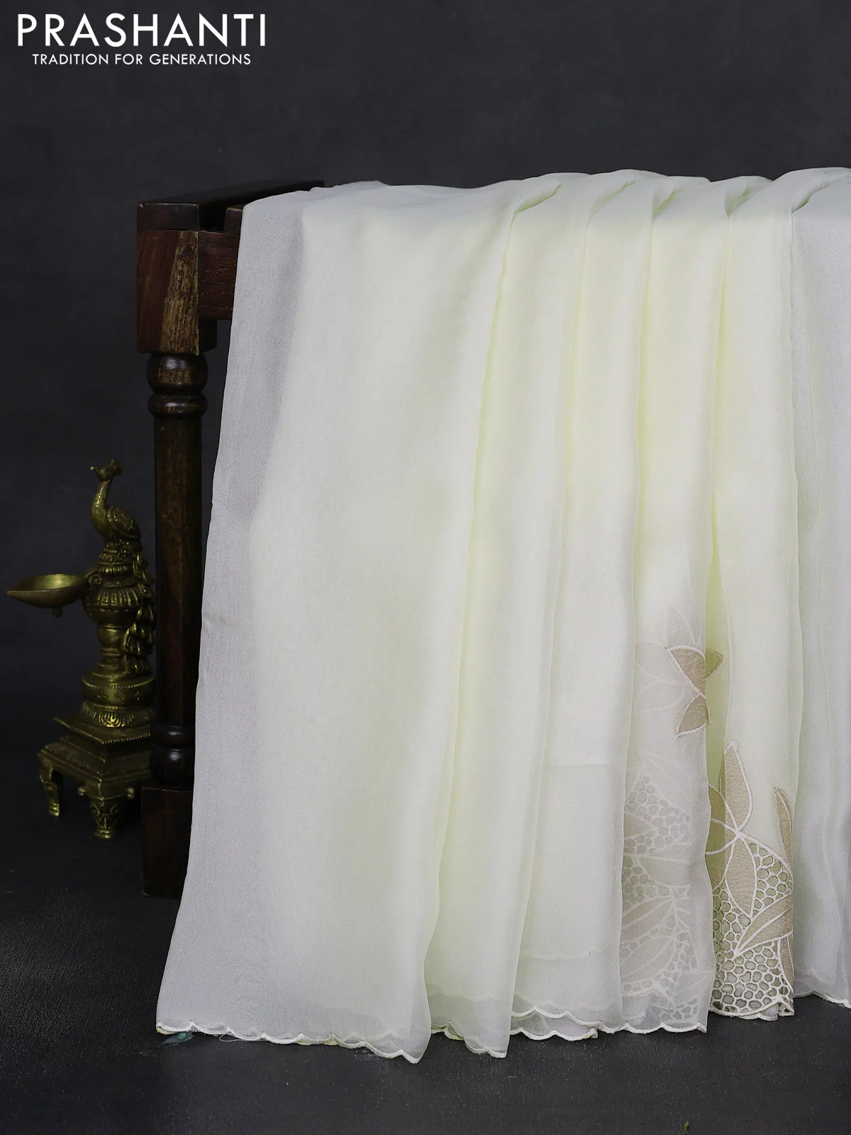 Satin Organza saree off white with plain body and floral design cut work border - Image 5