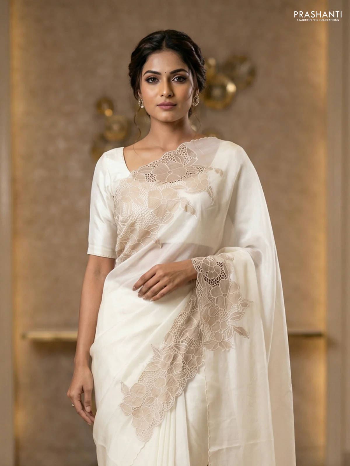 Satin Organza saree off white with plain body and floral design cut work border - Image 2