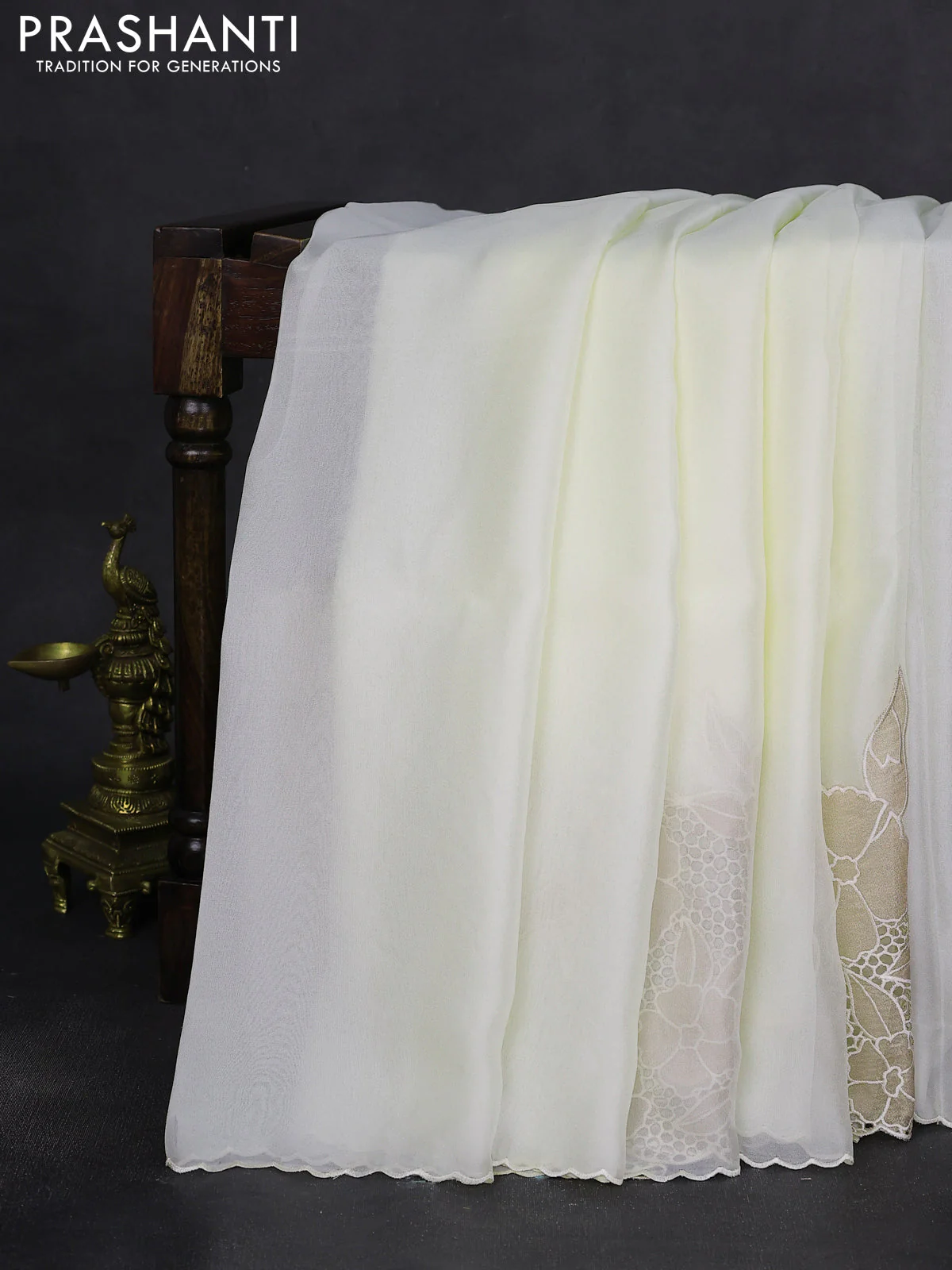 Satin Organza saree off white with plain body and floral design cut work border - Image 5