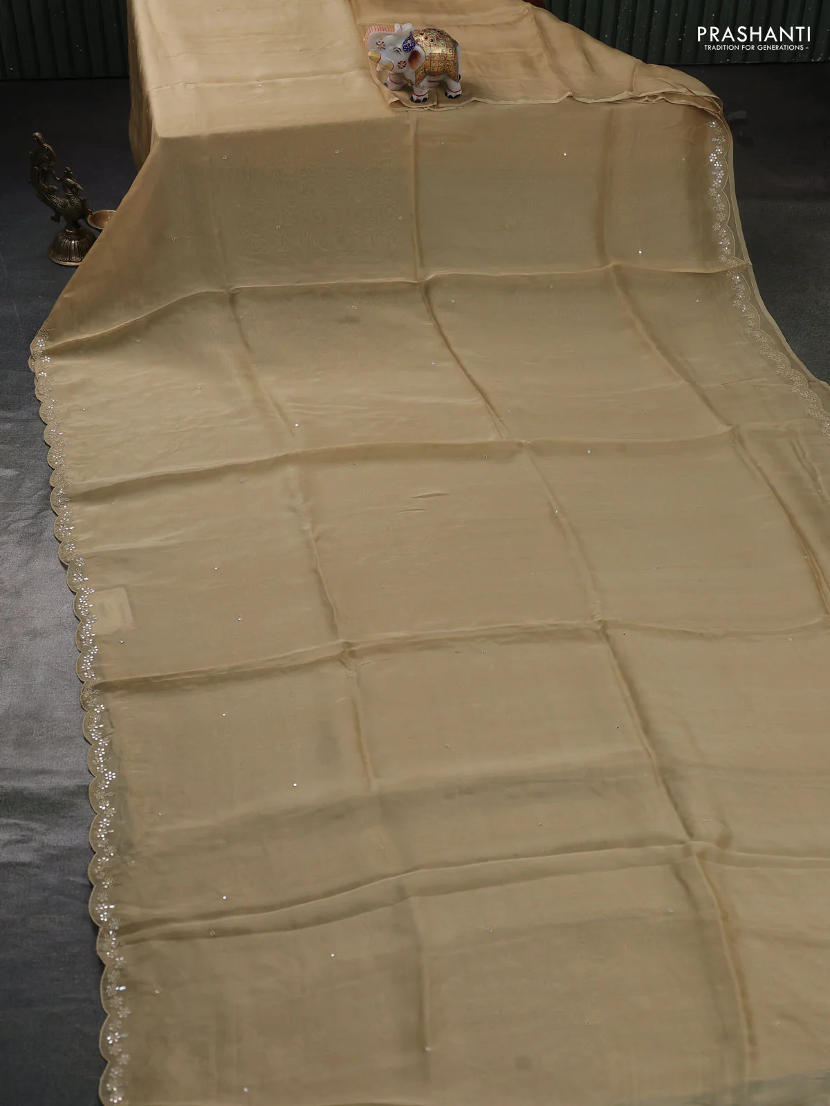Satin organza silk saree beige and bottle green with mirror embroidery work and ajrakh printed blouse - Image 2