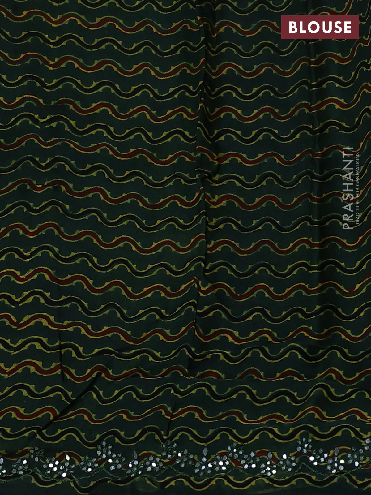 Satin organza silk saree beige and bottle green with mirror embroidery work and ajrakh printed blouse - Image 3