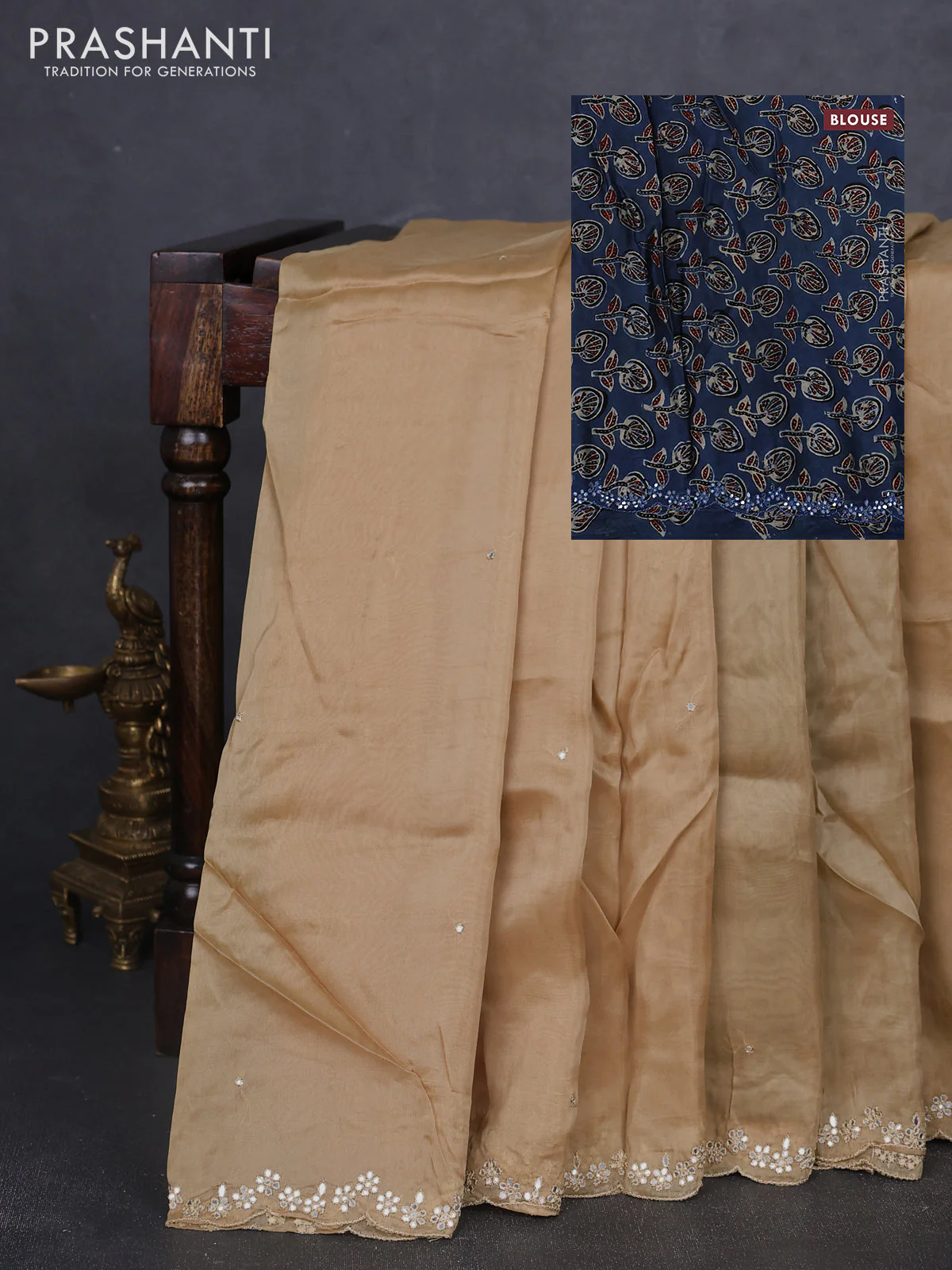 Satin organza silk saree beige and indigo blue with mirror embroidery work and ajrakh printed blouse