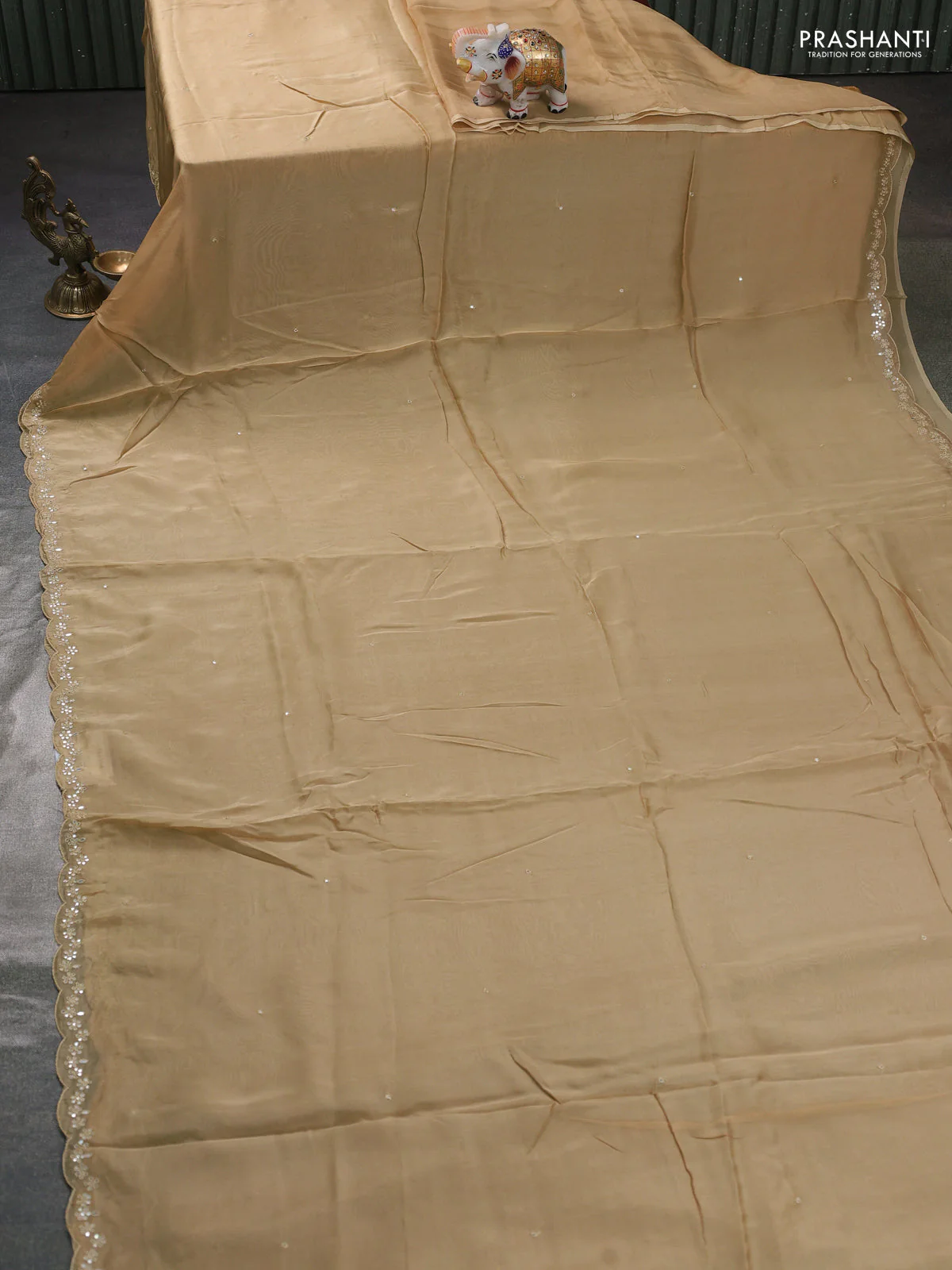 Satin organza silk saree beige and indigo blue with mirror embroidery work and ajrakh printed blouse - Image 2