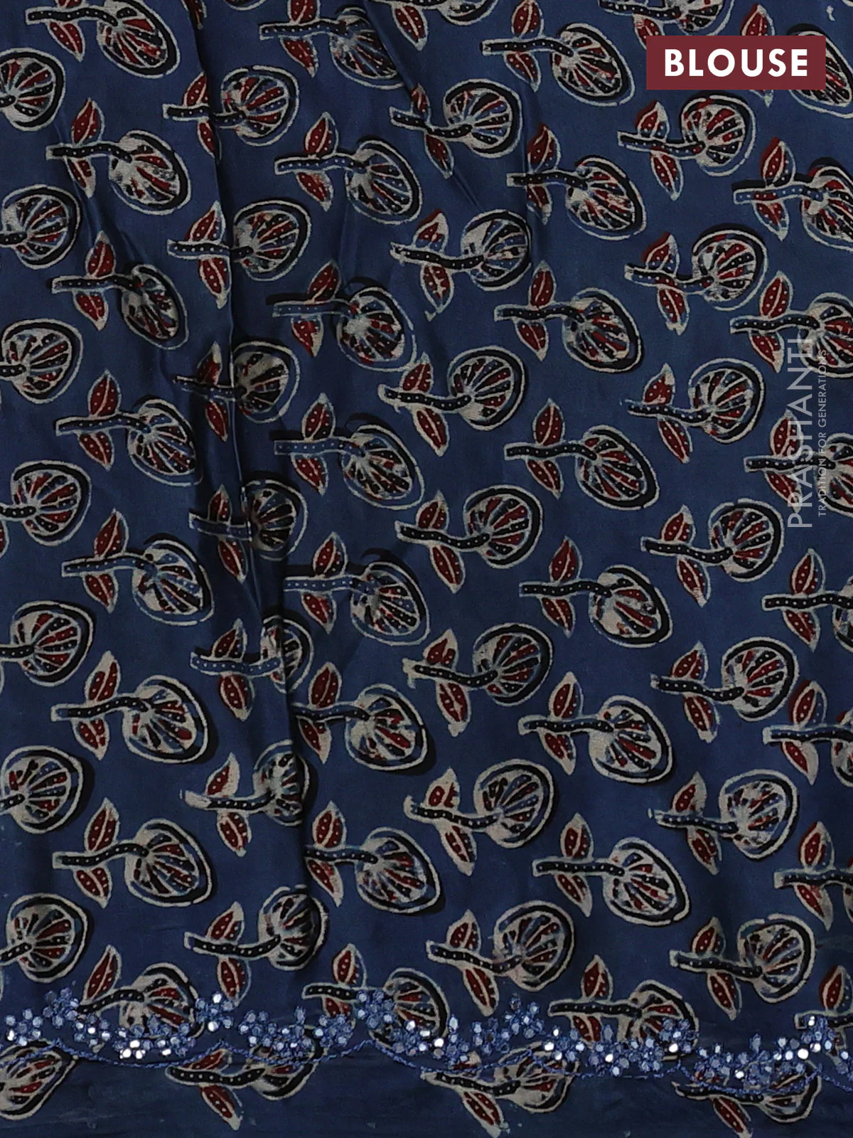 Satin organza silk saree beige and indigo blue with mirror embroidery work and ajrakh printed blouse - Image 3