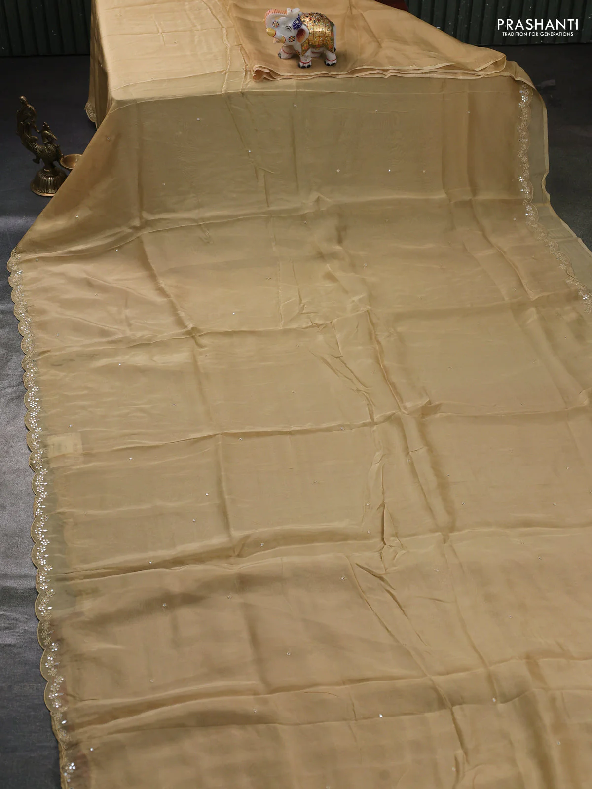 Satin organza silk saree beige and rustic maroon with mirror embroidery work and ajrakh printed blouse - Image 2