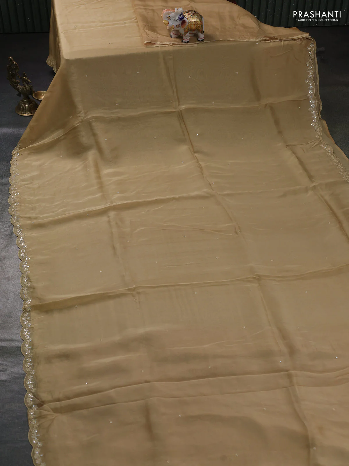 Satin organza silk saree beige and rustic maroon with mirror embroidery work and ajrakh printed blouse - Image 2