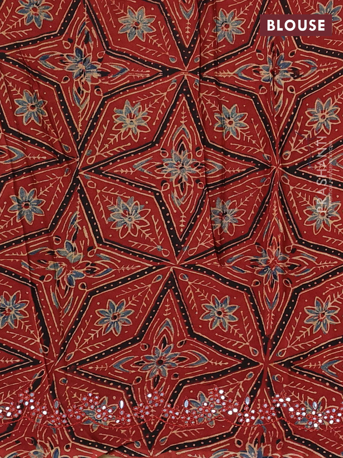 Satin organza silk saree beige and rustic maroon with mirror embroidery work and ajrakh printed blouse - Image 3