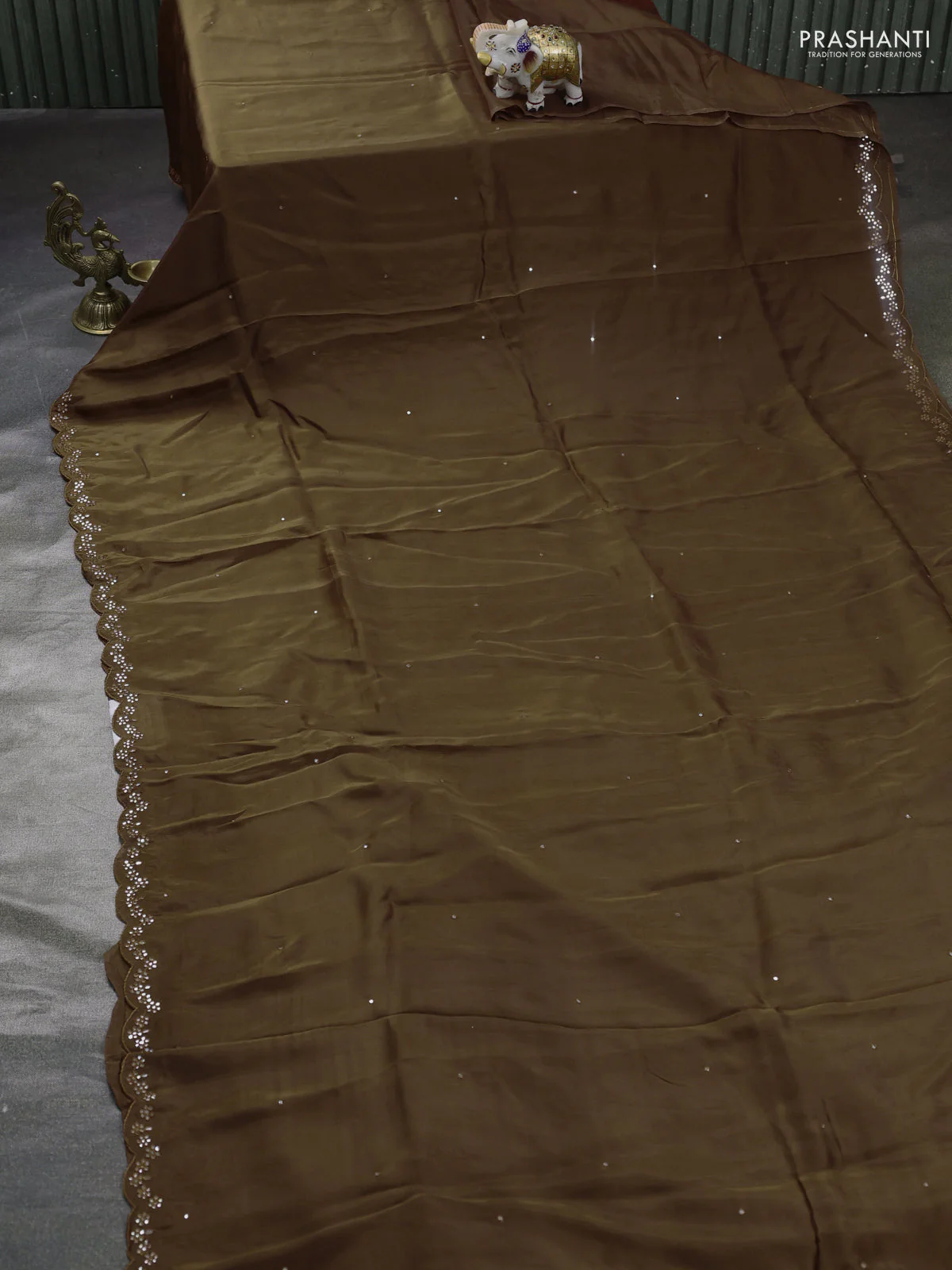Satin organza silk saree brown and indigo blue with mirror embroidery work and ajrakh printed blouse - Image 2