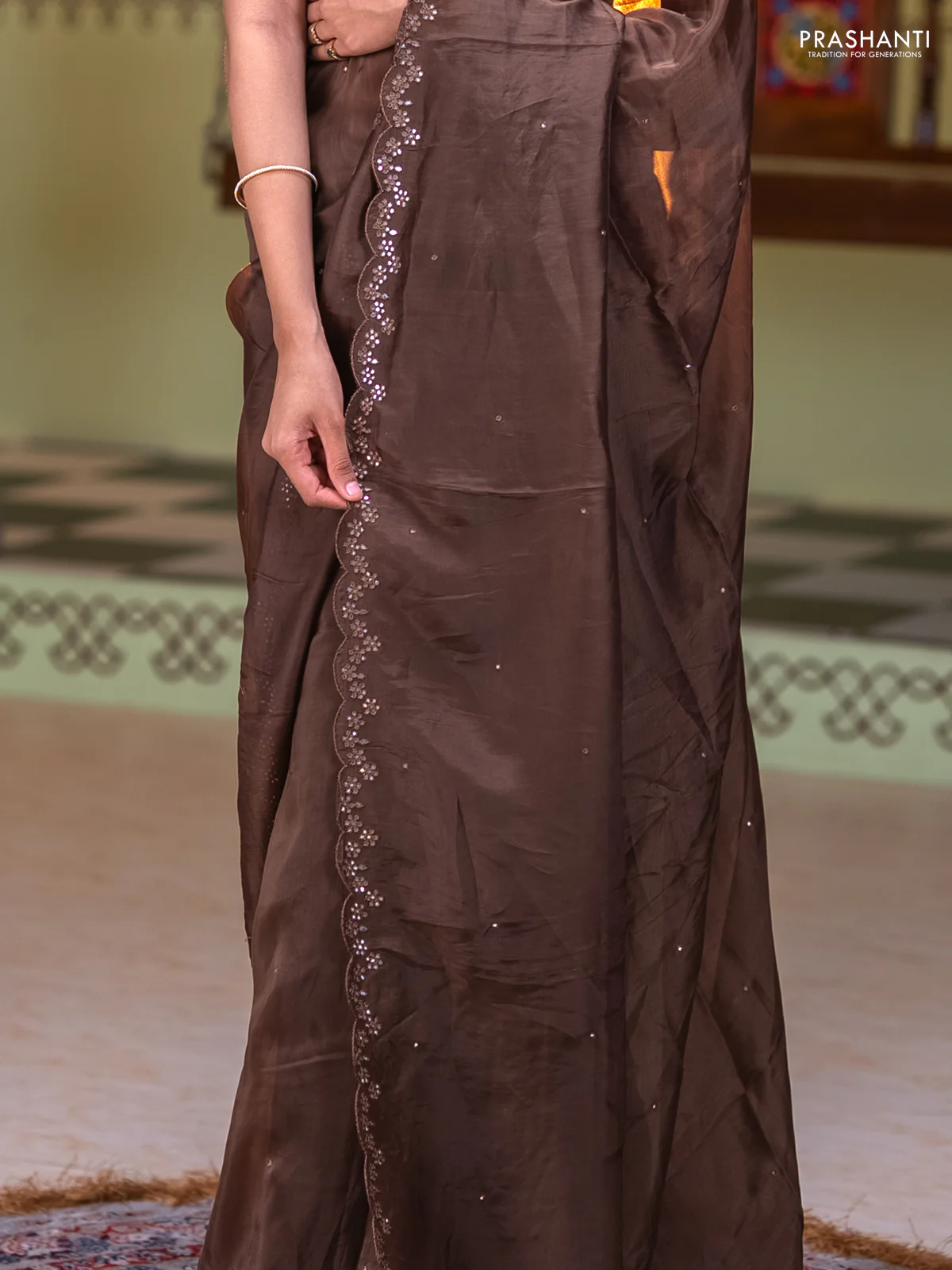 Satin organza silk saree brown and indigo blue with mirror embroidery work and ajrakh printed blouse - Image 2