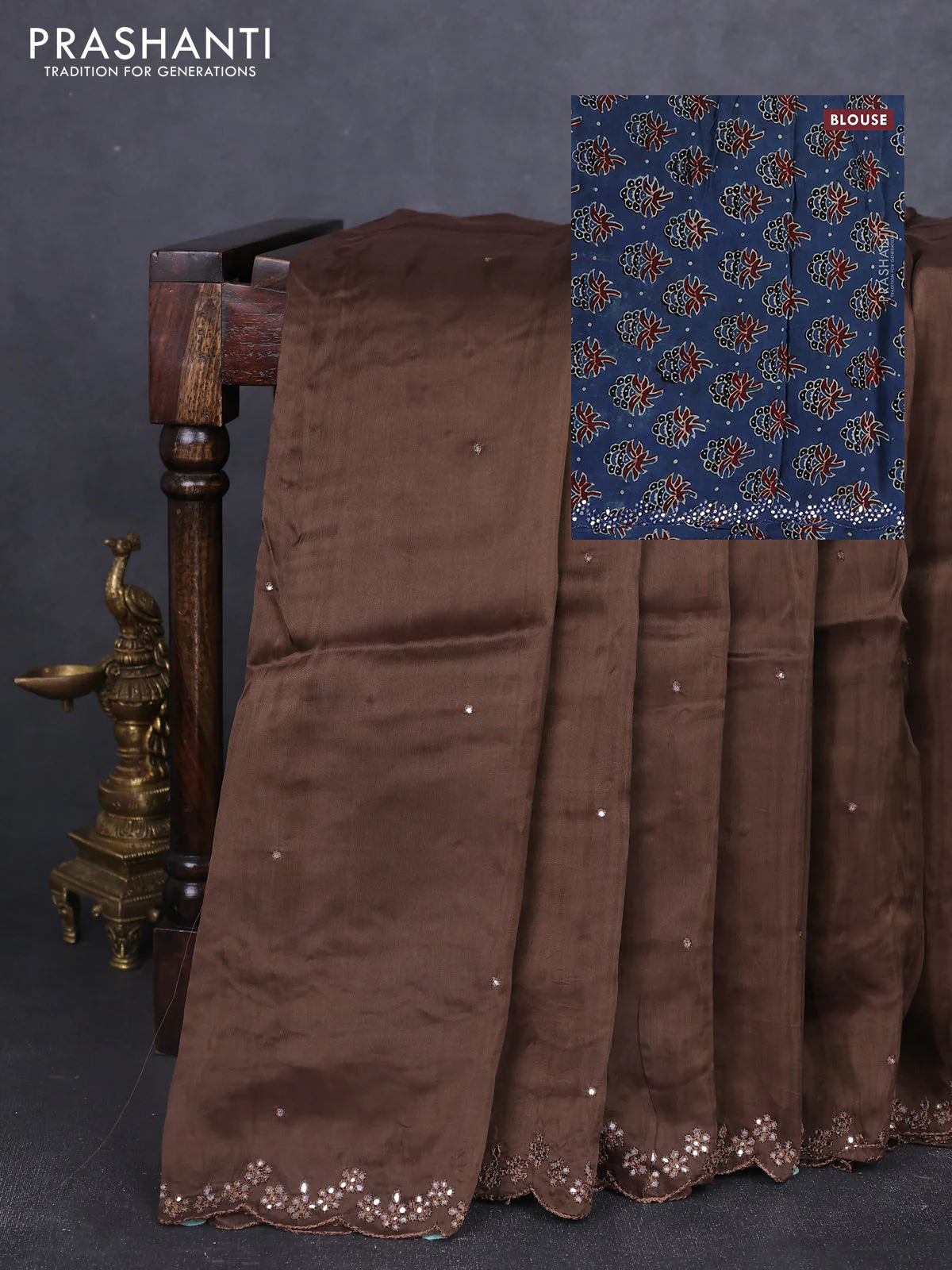 Satin organza silk saree brown and indigo blue with mirror embroidery work and ajrakh printed blouse - Image 4