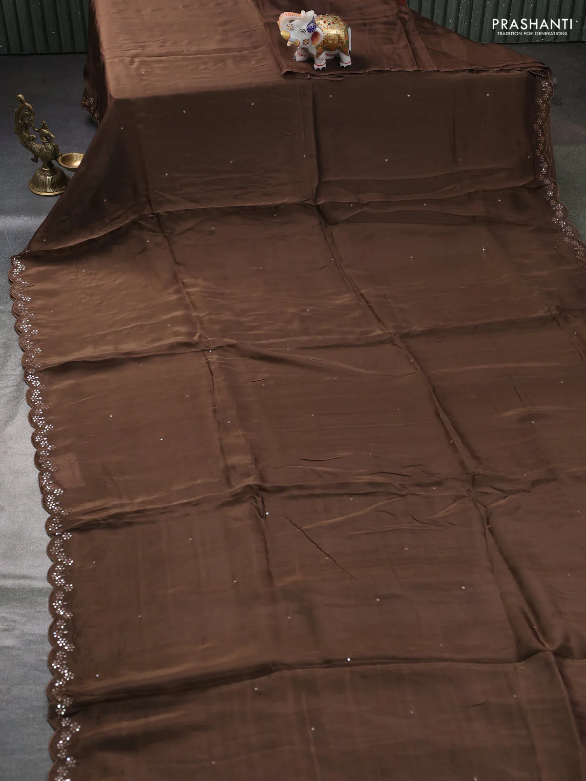 Satin organza silk saree brown and indigo blue with mirror embroidery work and ajrakh printed blouse - Image 5