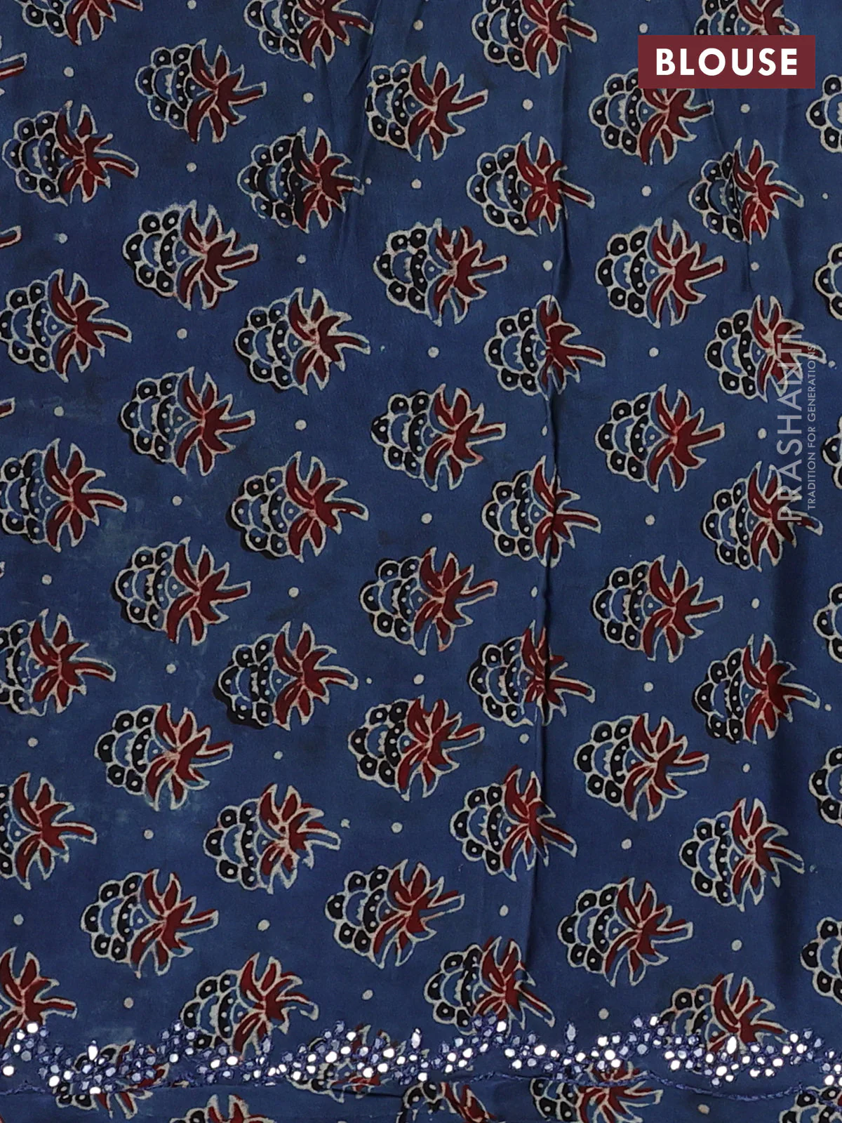 Satin organza silk saree brown and indigo blue with mirror embroidery work and ajrakh printed blouse - Image 6