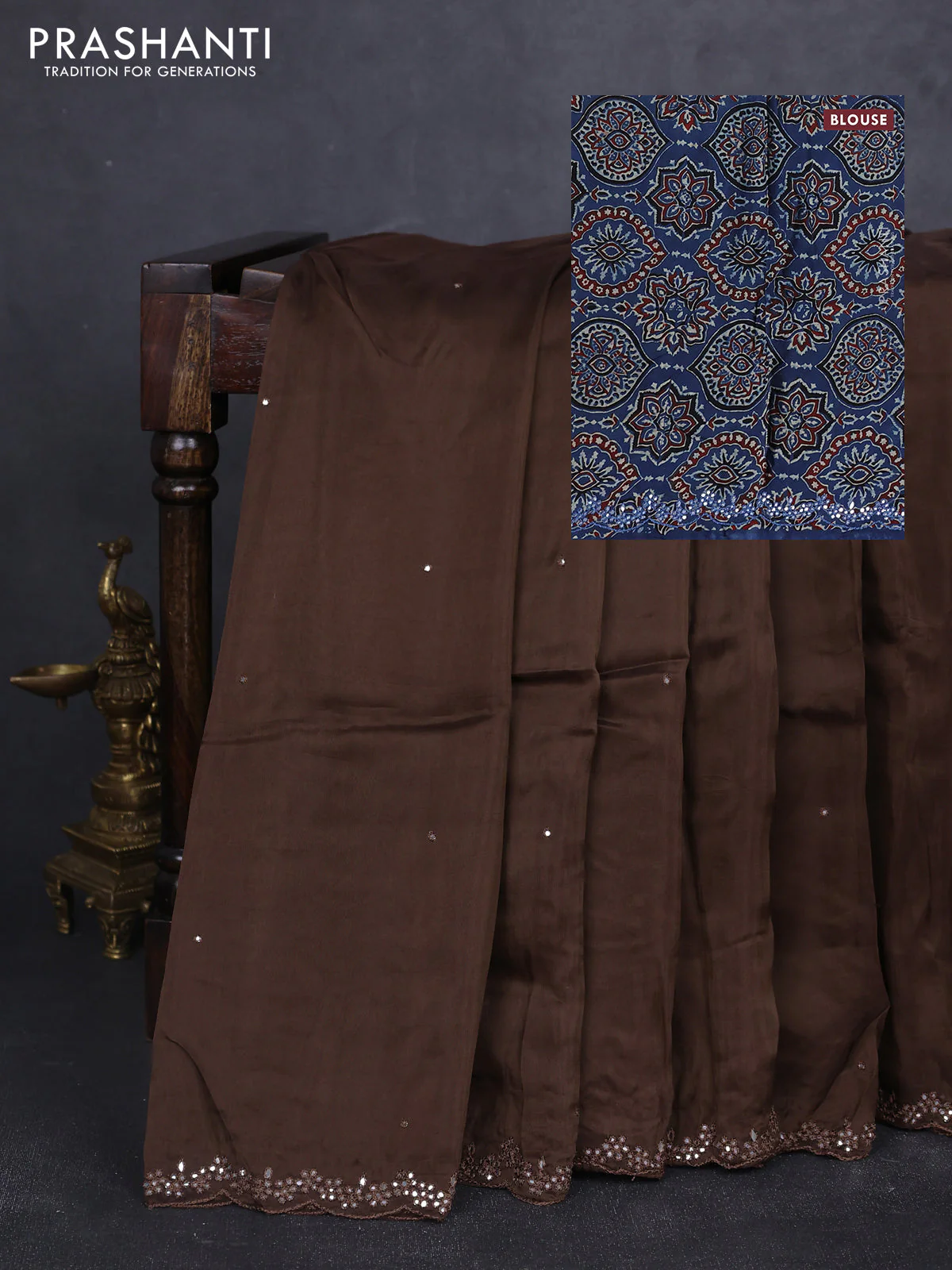Satin organza silk saree brown and indigo blue with mirror embroidery work and ajrakh printed blouse