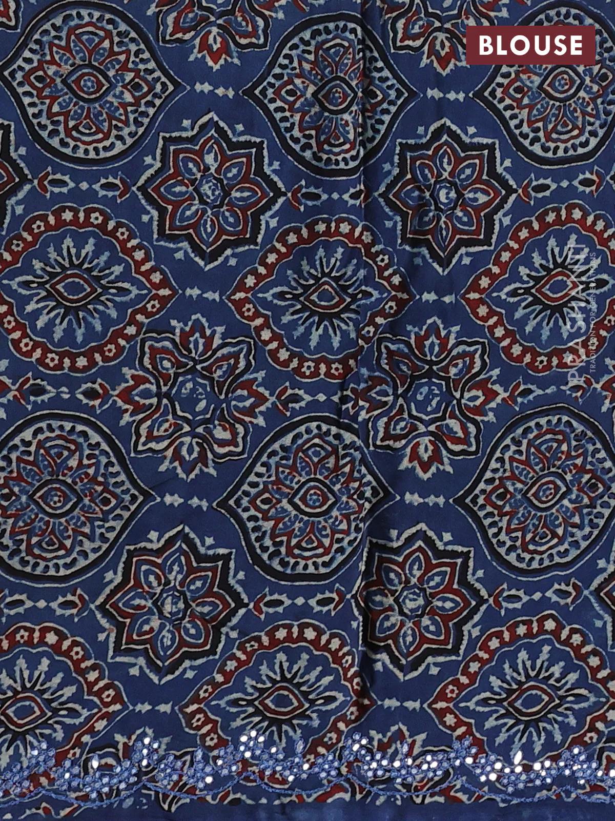 Satin organza silk saree brown and indigo blue with mirror embroidery work and ajrakh printed blouse - Image 3