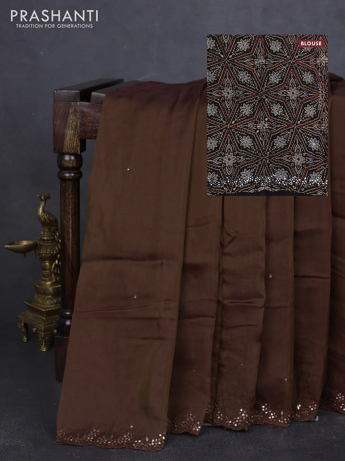 Satin organza silk saree coffee brown and black with mirror embroidery work and ajrakh printed blouse