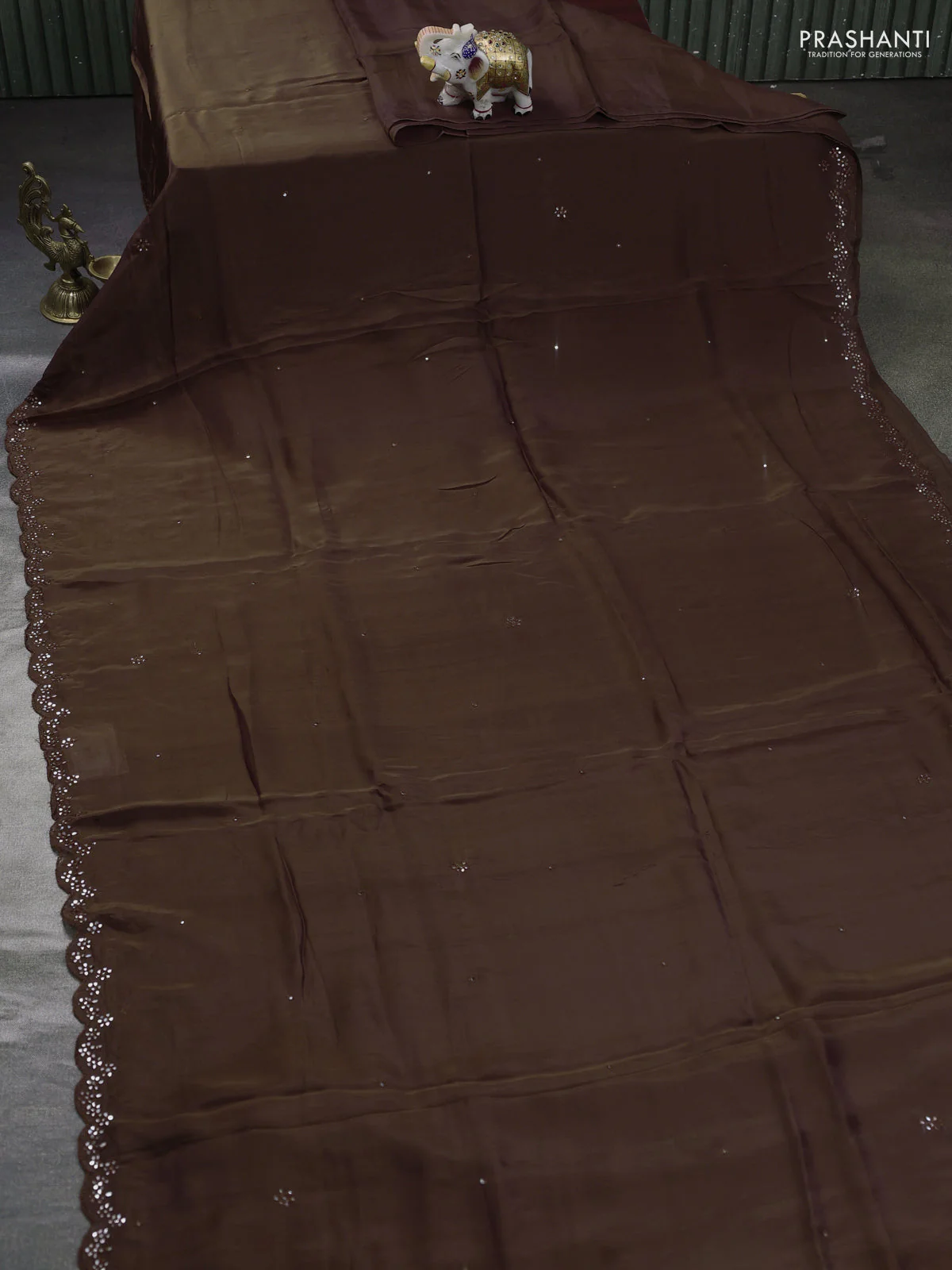 Satin organza silk saree coffee brown and black with mirror embroidery work and ajrakh printed blouse - Image 2