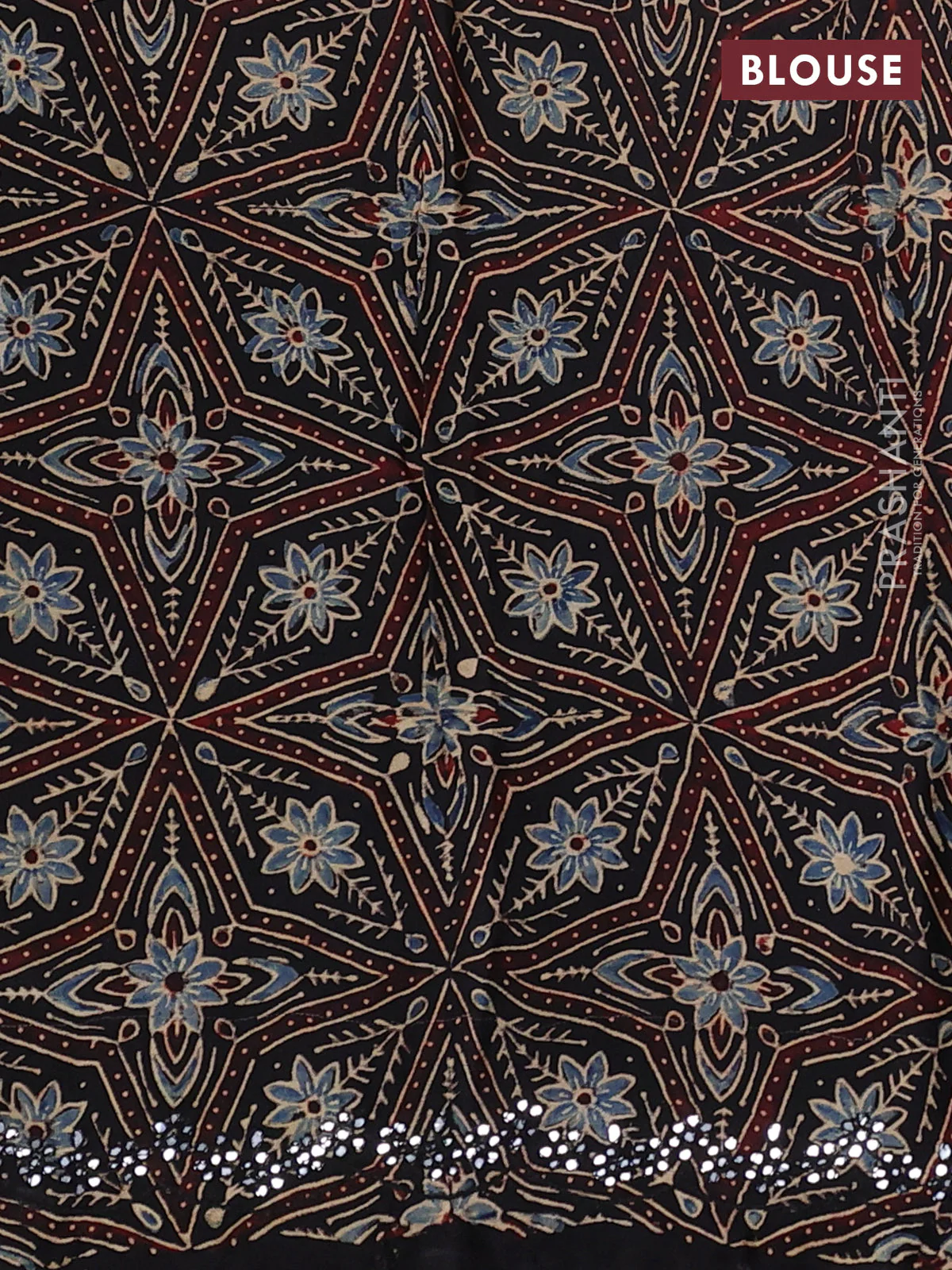 Satin organza silk saree coffee brown and black with mirror embroidery work and ajrakh printed blouse - Image 3