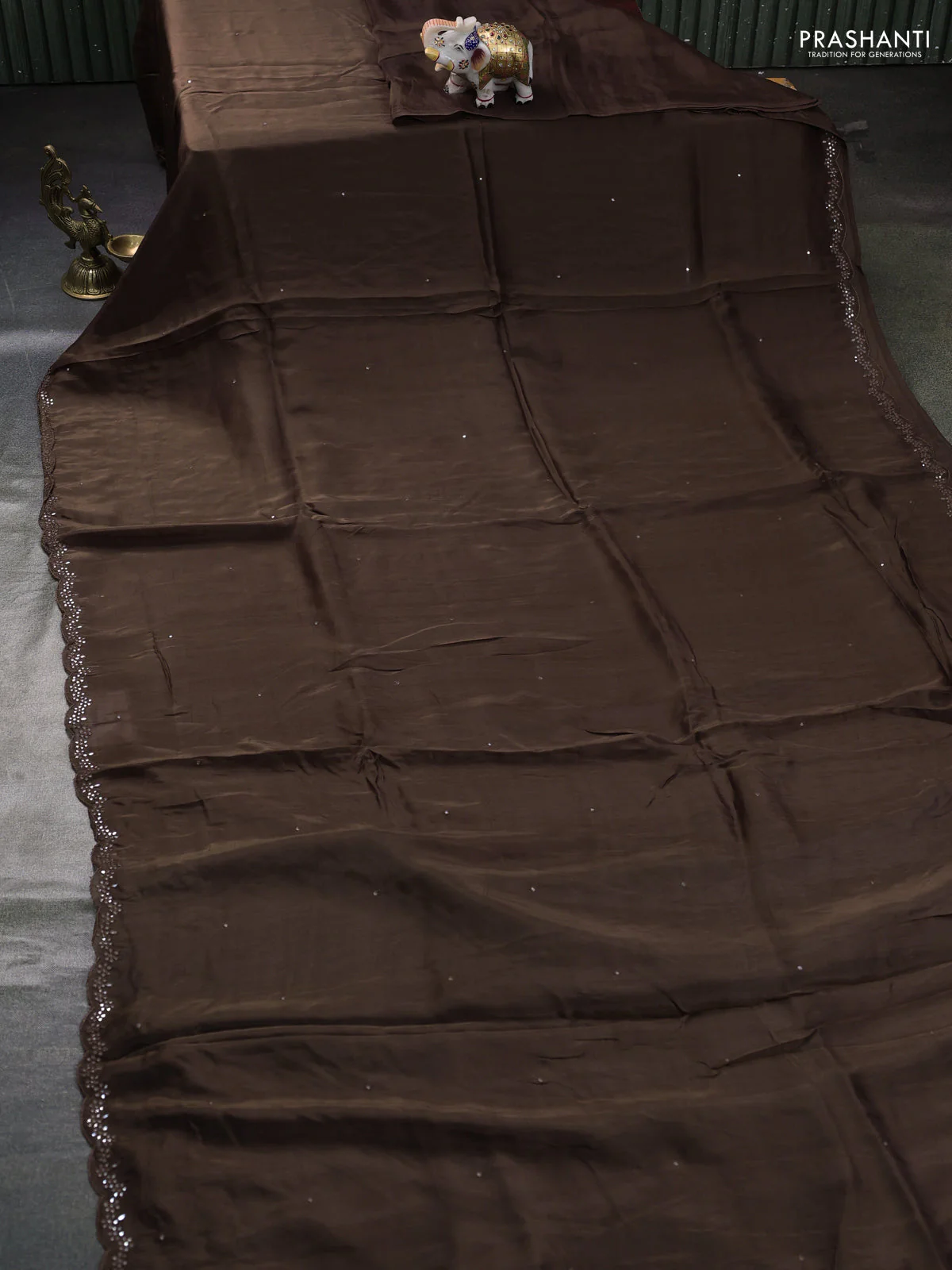 Satin organza silk saree coffee brown and indigo blue with mirror embroidery work and ajrakh printed blouse - Image 2