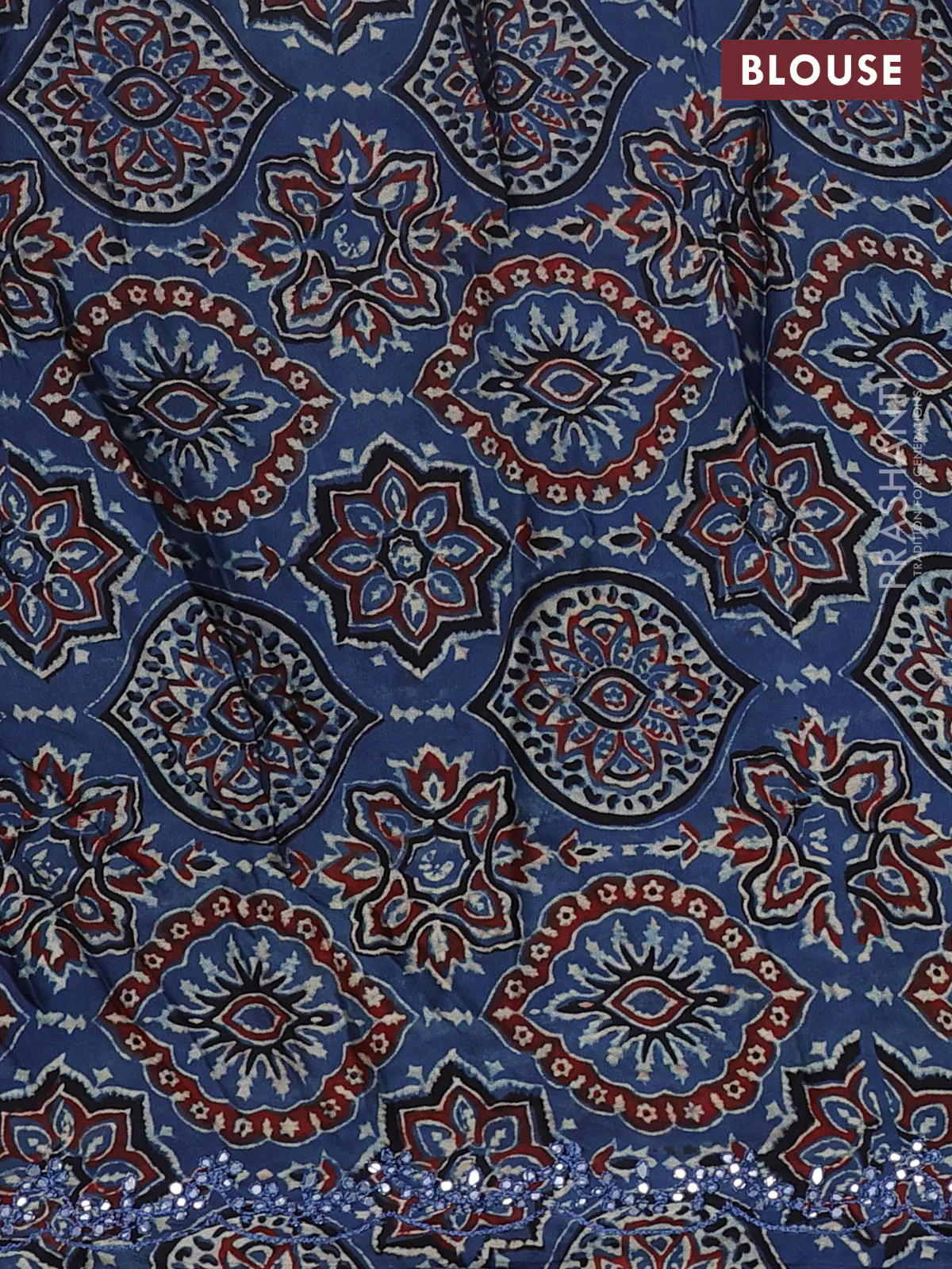 Satin organza silk saree coffee brown and indigo blue with mirror embroidery work and ajrakh printed blouse - Image 3
