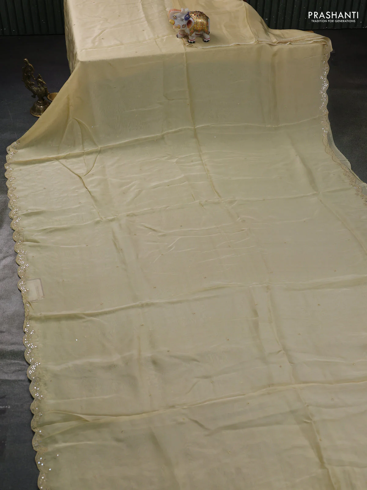 Satin organza silk saree cream and black with mirror embroidery work and ajrakh printed blouse - Image 2