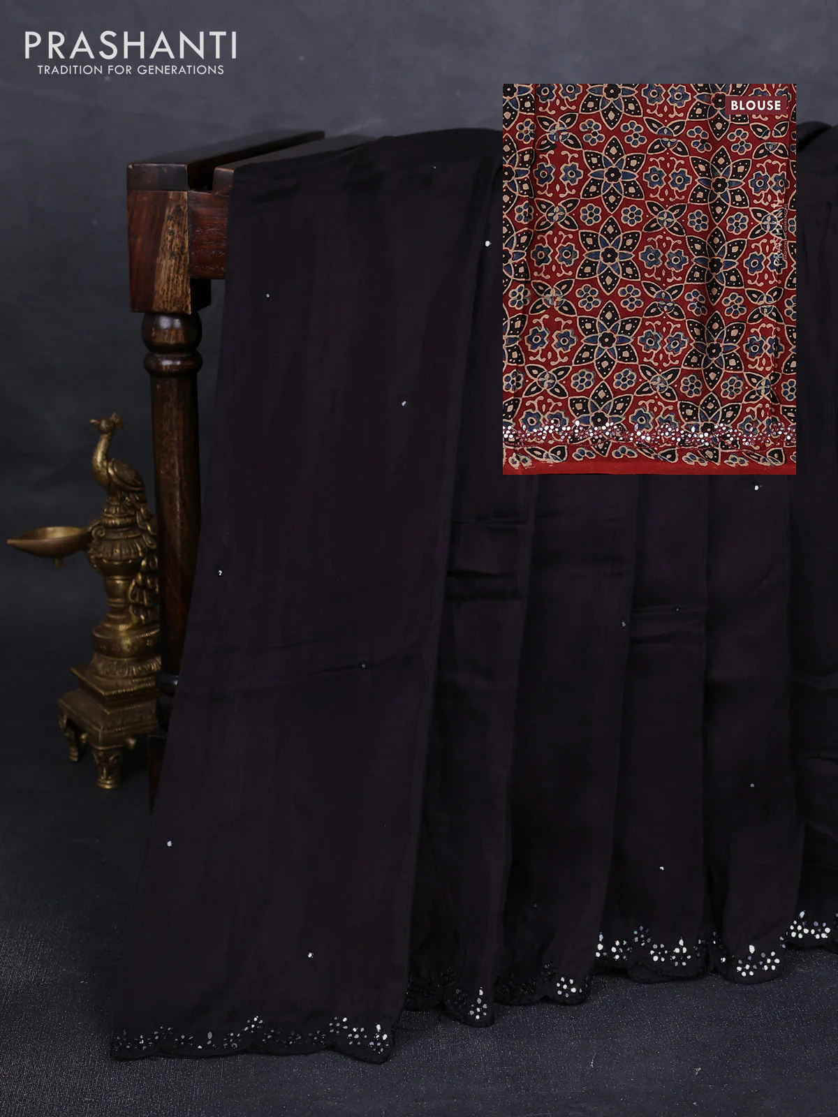 Satin organza silk saree dark coffee brown and maroon with mirror embroidery work and ajrakh printed blouse