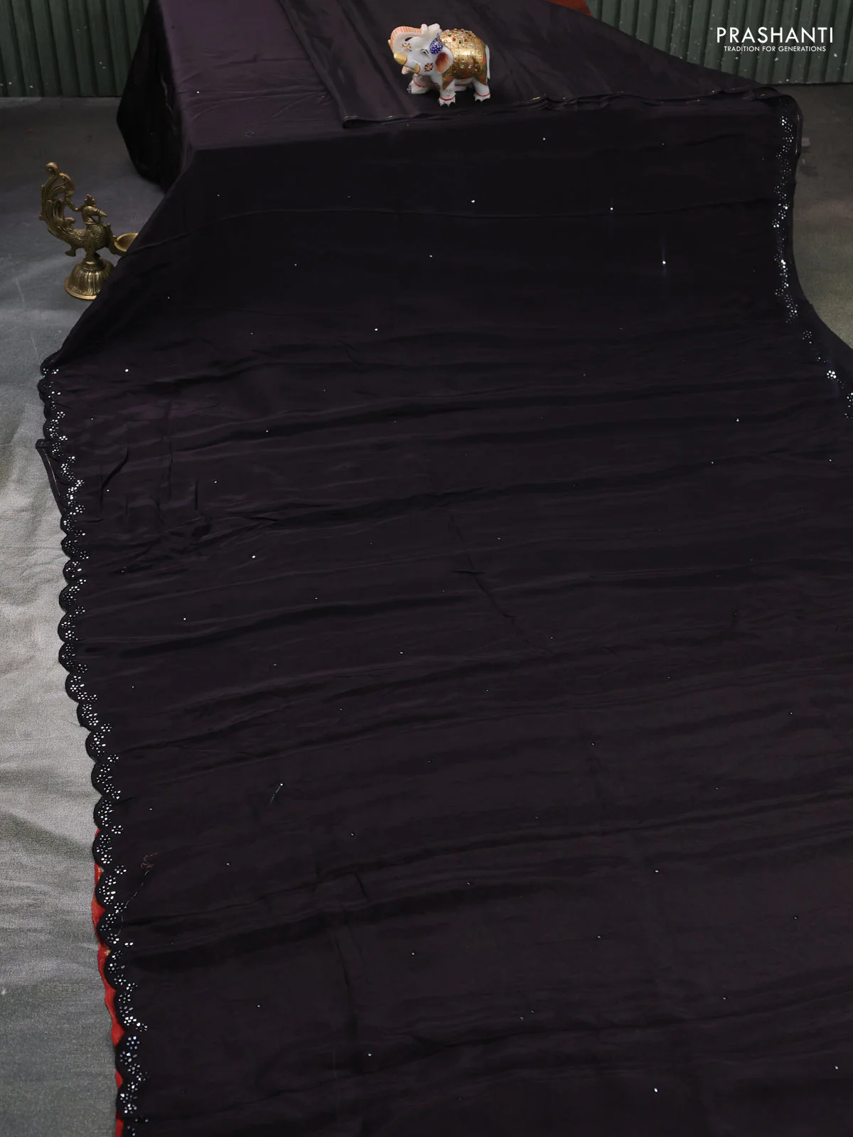 Satin organza silk saree dark coffee brown and maroon with mirror embroidery work and ajrakh printed blouse - Image 2