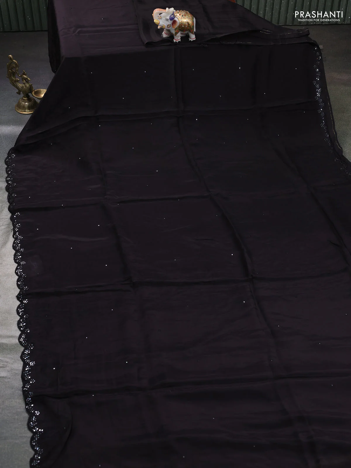 Satin organza silk saree deep coffee brown and mustard yellow with mirror embroidery work and ajrakh printed blouse - Image 2