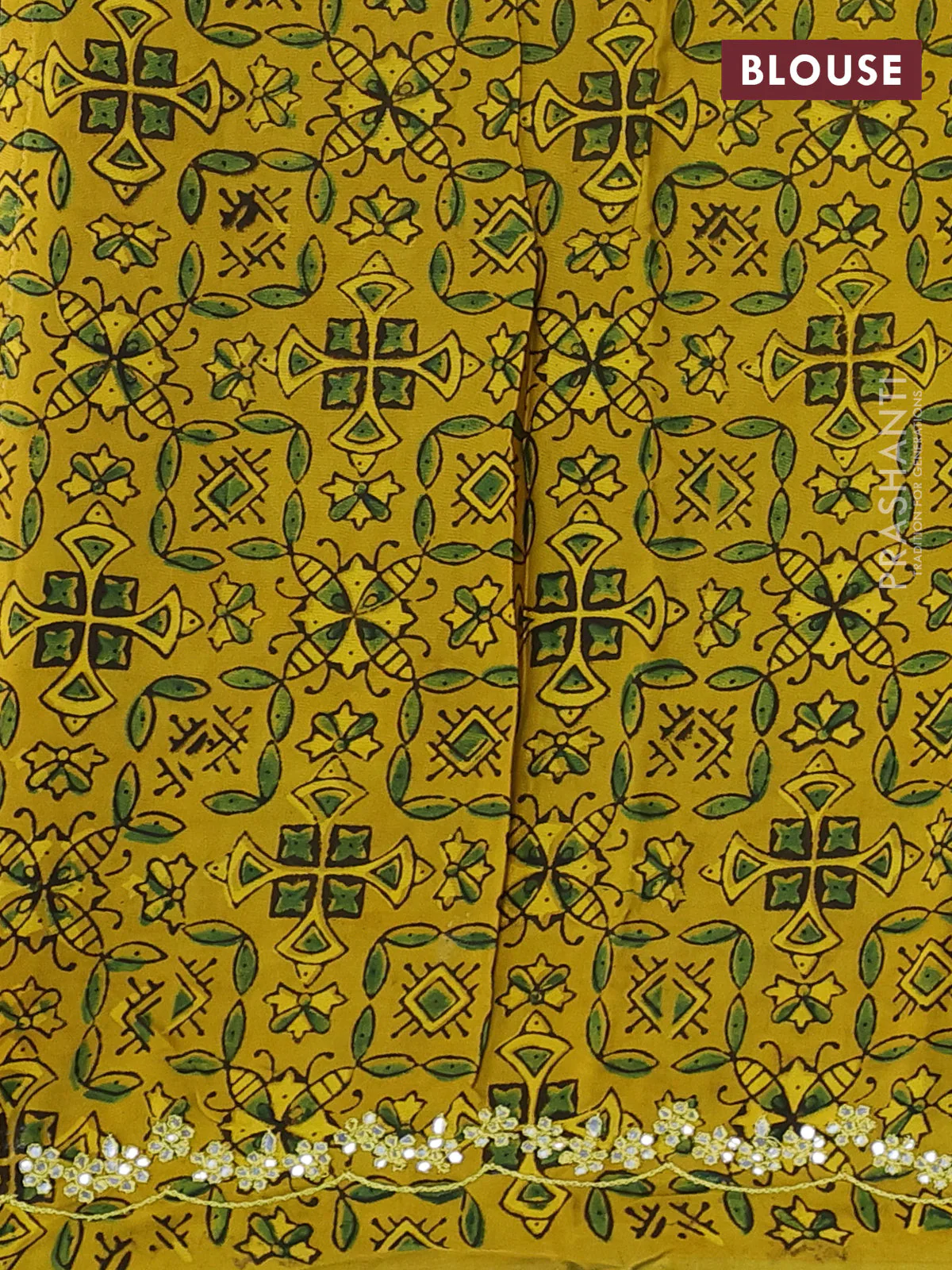 Satin organza silk saree deep coffee brown and mustard yellow with mirror embroidery work and ajrakh printed blouse - Image 3