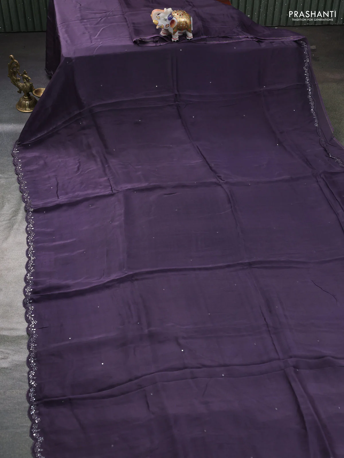 Satin organza silk saree deep jamun and black with mirror embroidery work and ajrakh printed blouse - Image 2